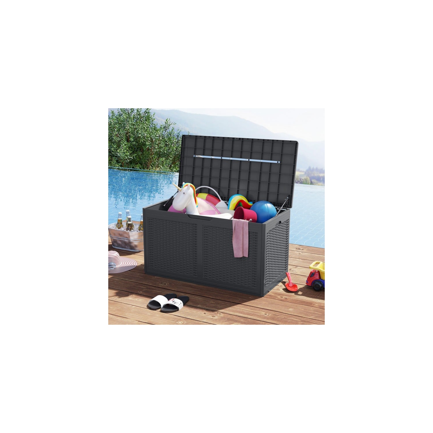 100 Gallon Outdoor Resin Deck Box with Waterproof Storage and Bench Seat