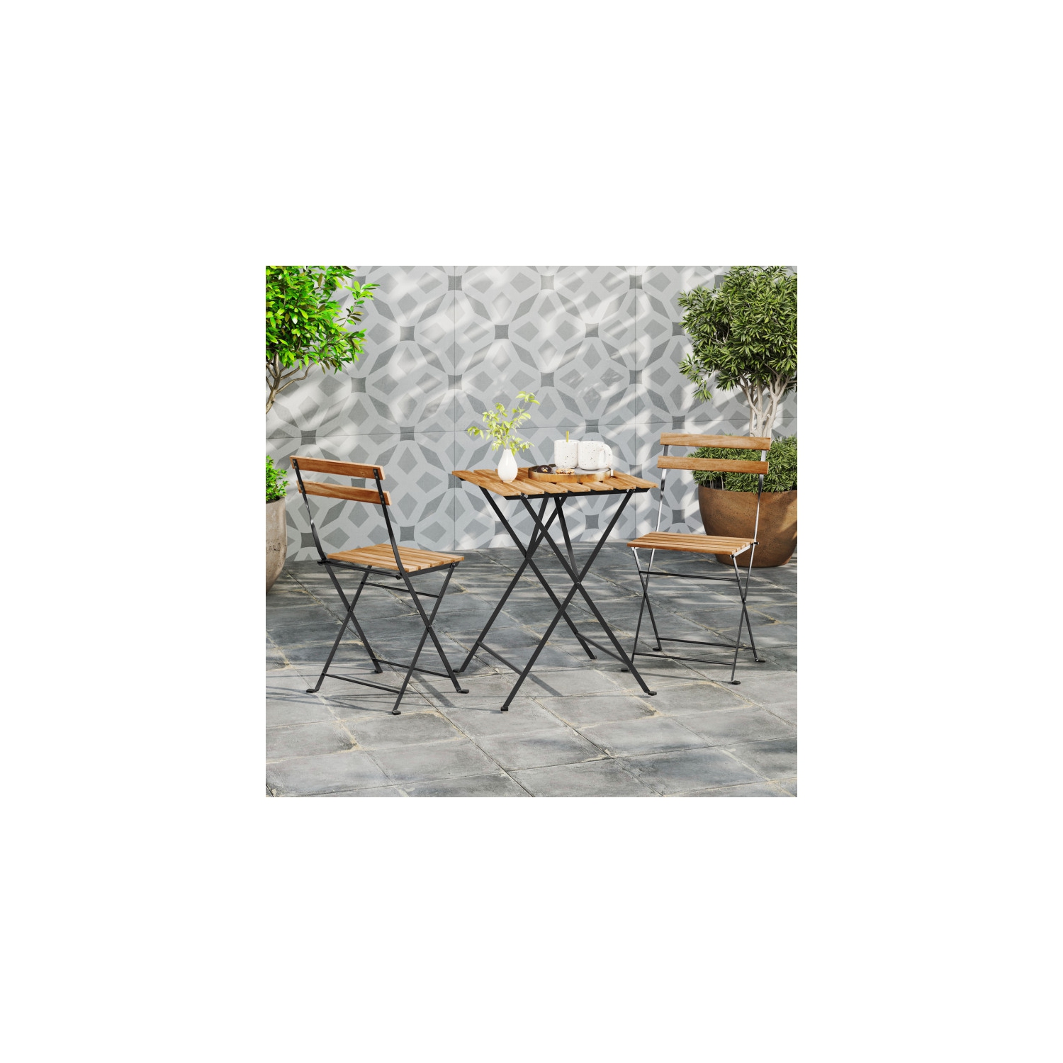 3-Piece Patio Bistro Set with Acacia Wood Slatted Table and Chairs