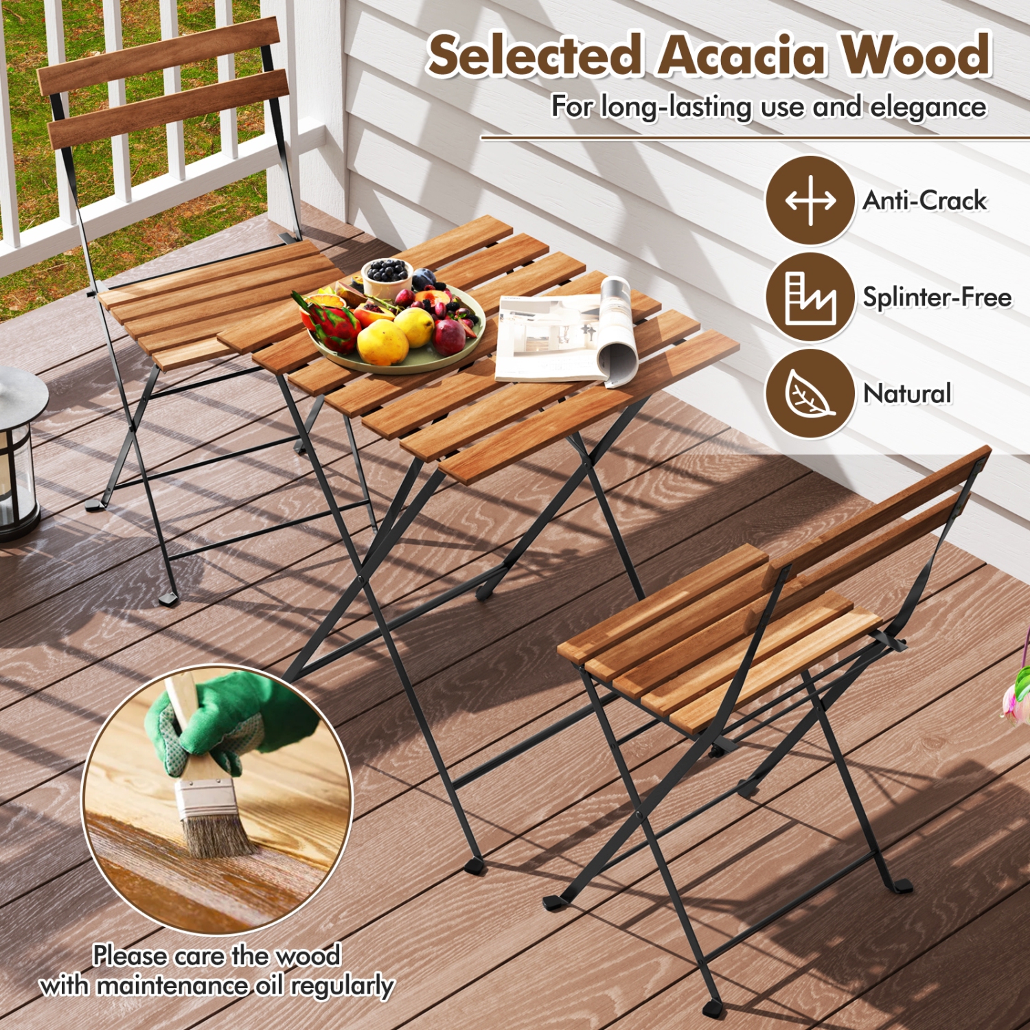 3-Piece Patio Bistro Set with Acacia Wood Slatted Table and Chairs