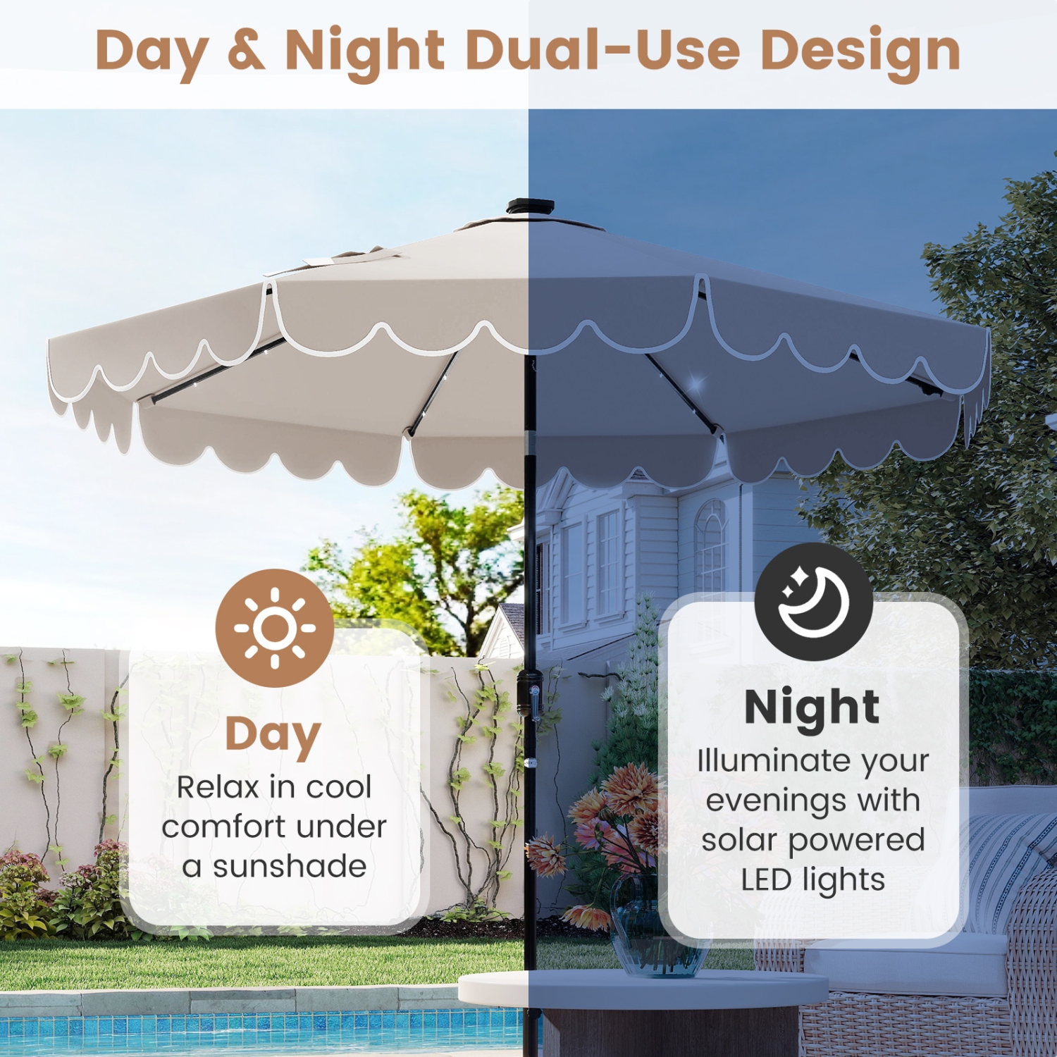 Outdoor Solar Umbrella with LED Lights, Vented Top, and Decorative Edge