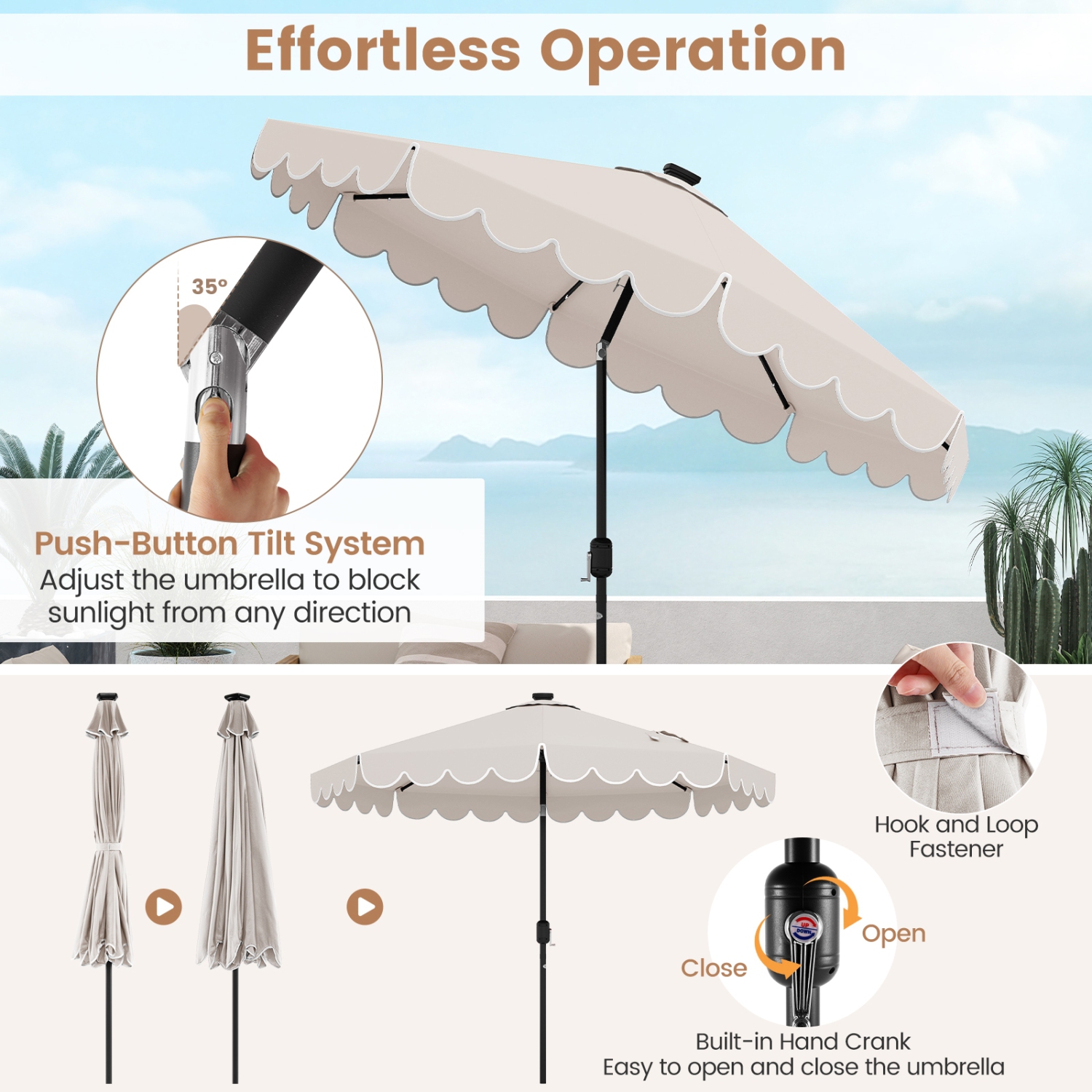 Outdoor Solar Umbrella with LED Lights, Vented Top, and Decorative Edge