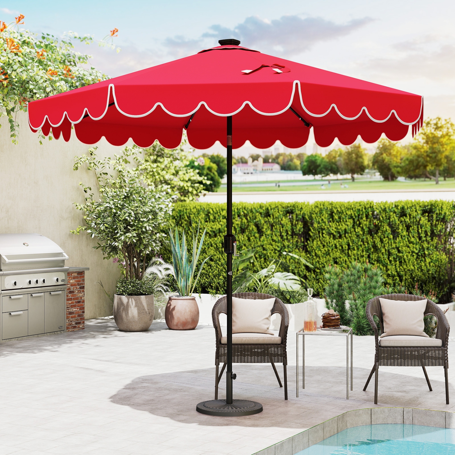 Outdoor Solar Umbrella with LED Lights, Vented Top, and Decorative Edge