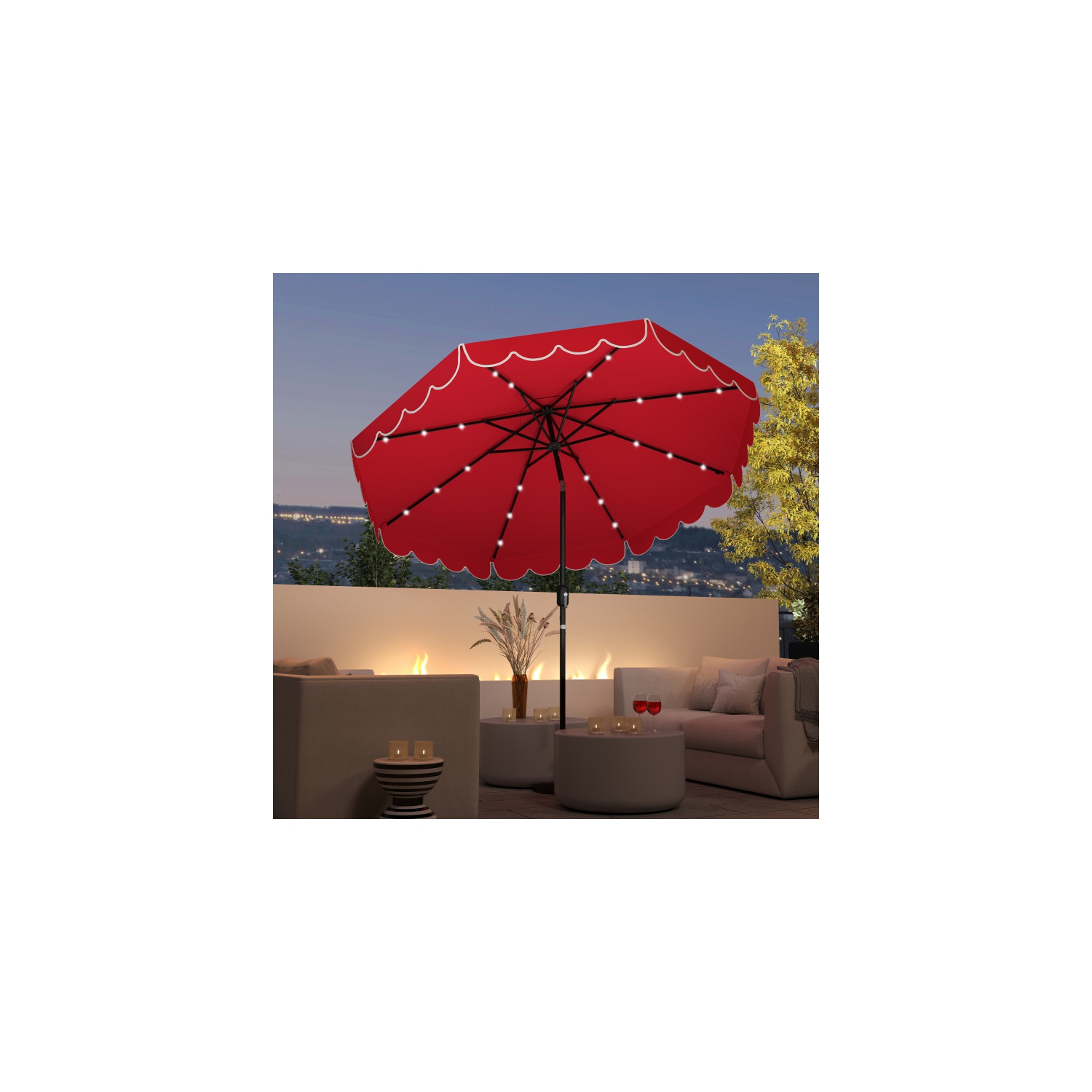 Outdoor Solar Umbrella with LED Lights, Vented Top, and Decorative Edge