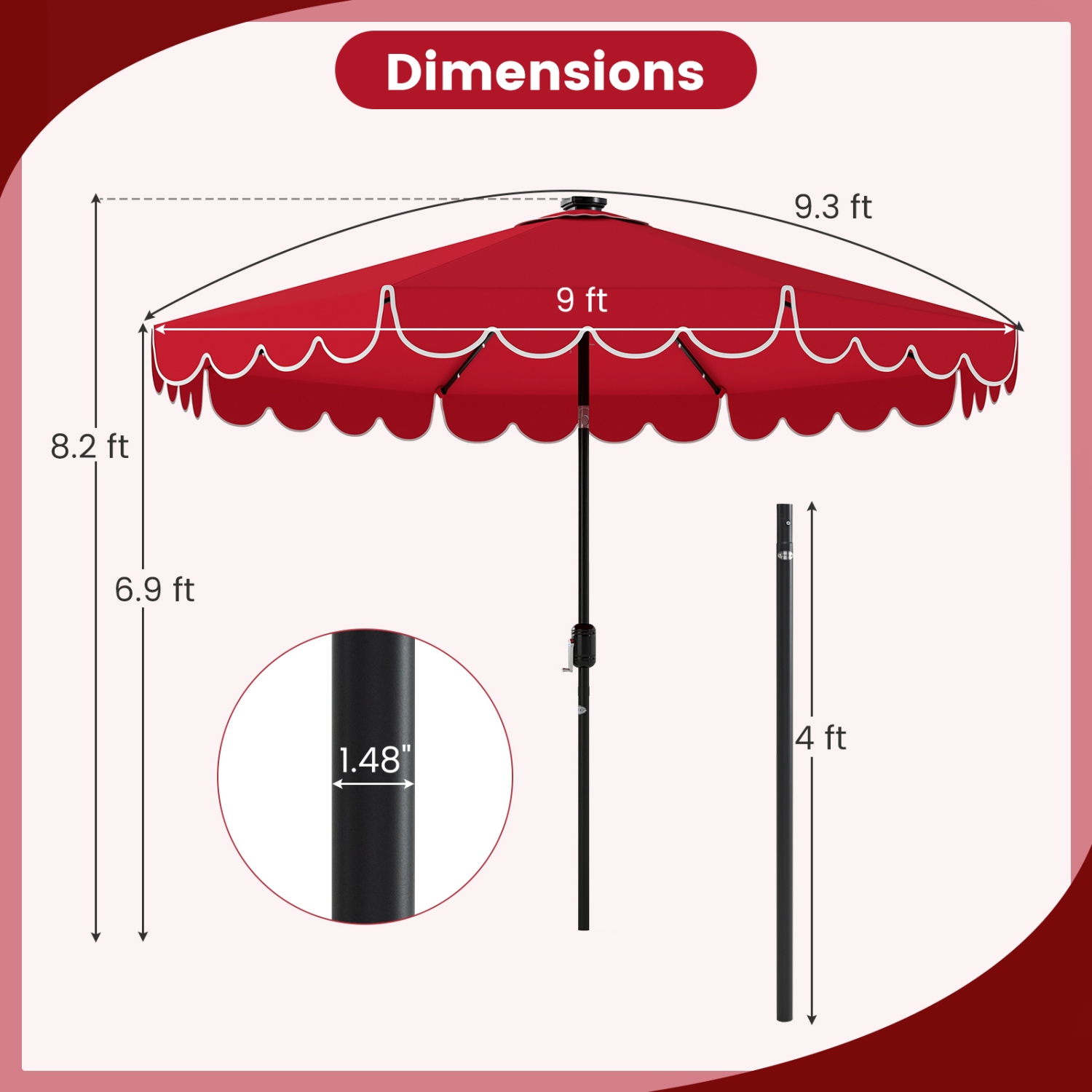 Outdoor Solar Umbrella with LED Lights, Vented Top, and Decorative Edge