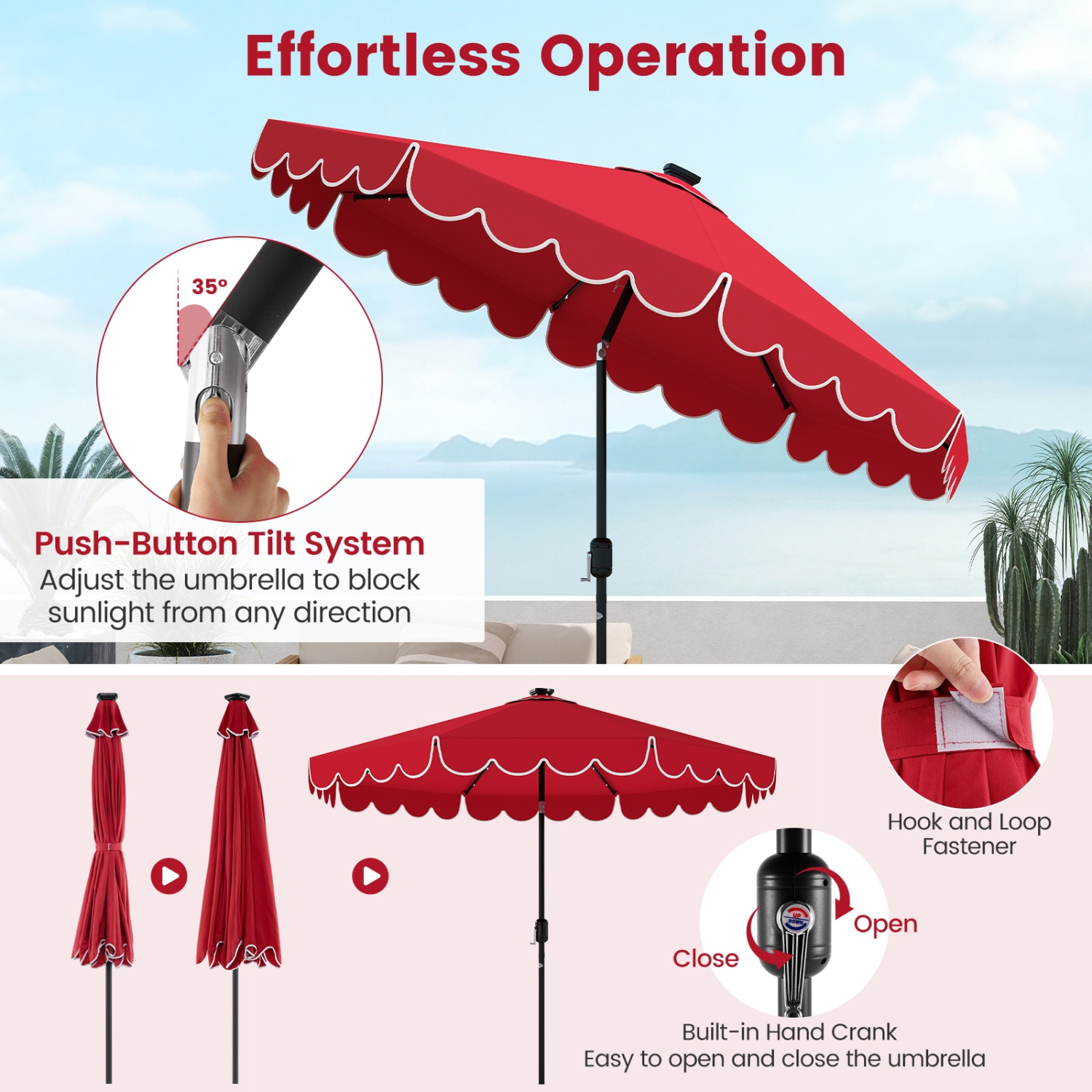 Outdoor Solar Umbrella with LED Lights, Vented Top, and Decorative Edge