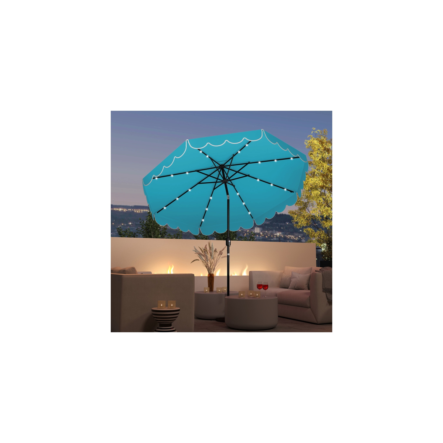 Outdoor Solar Umbrella with LED Lights, Vented Top, and Decorative Edge
