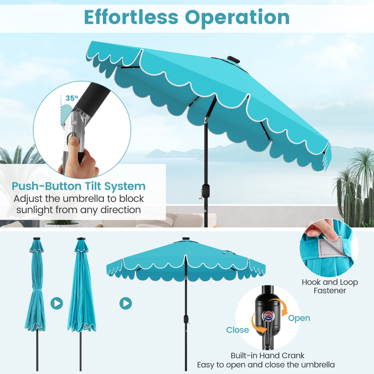 Outdoor Solar Umbrella with LED Lights, Vented Top, and Decorative Edge