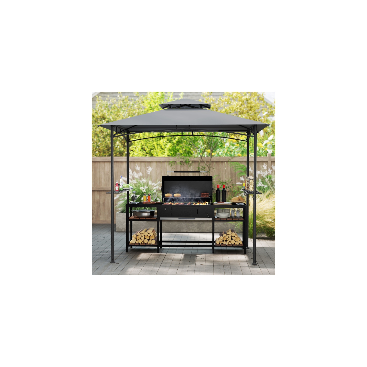 Abri de jardin avec cadre en métal robuste, 2 tablettes et 6 crochets à ustensiles