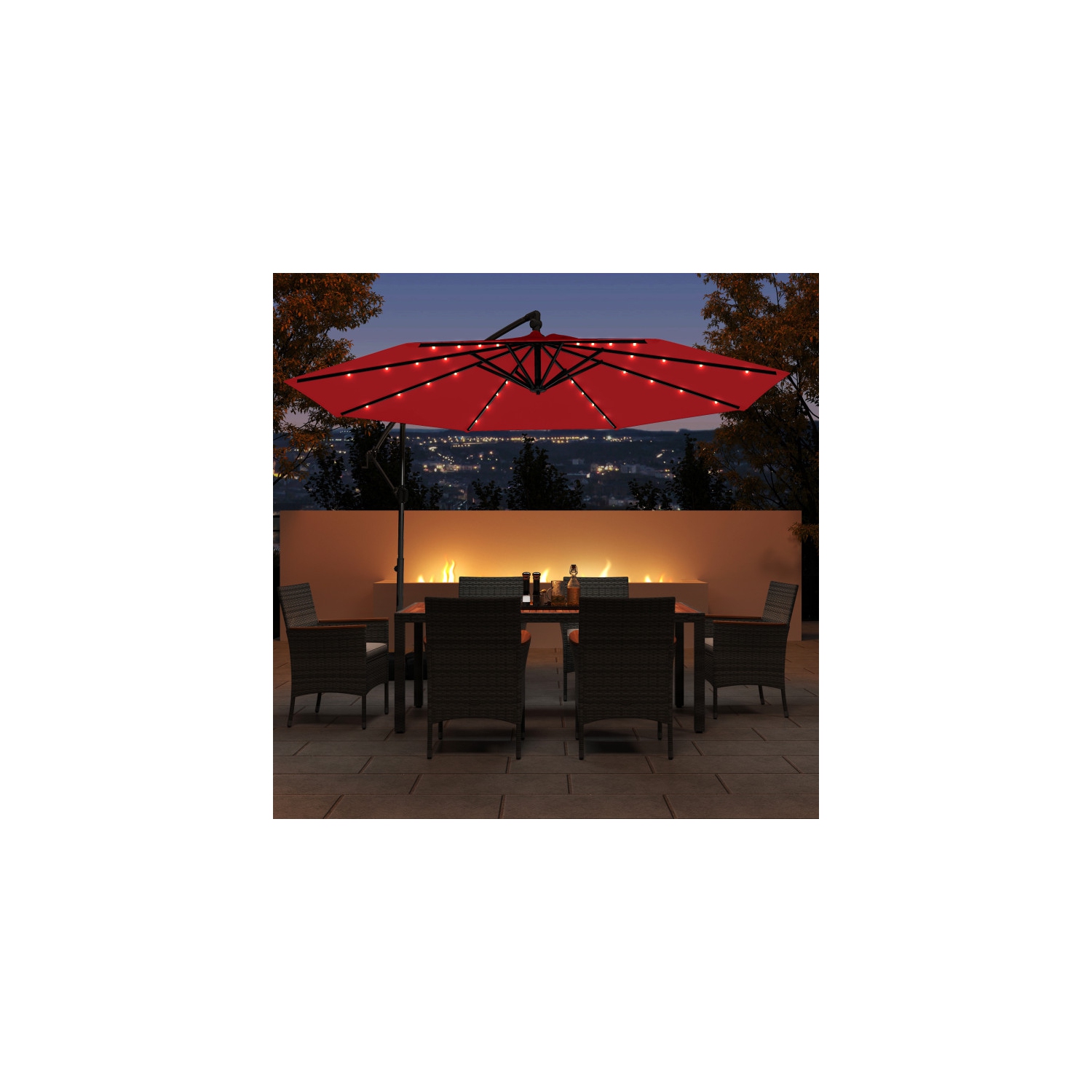 Solar Cantilever Hanging Umbrella with Base and 32 LED Lights