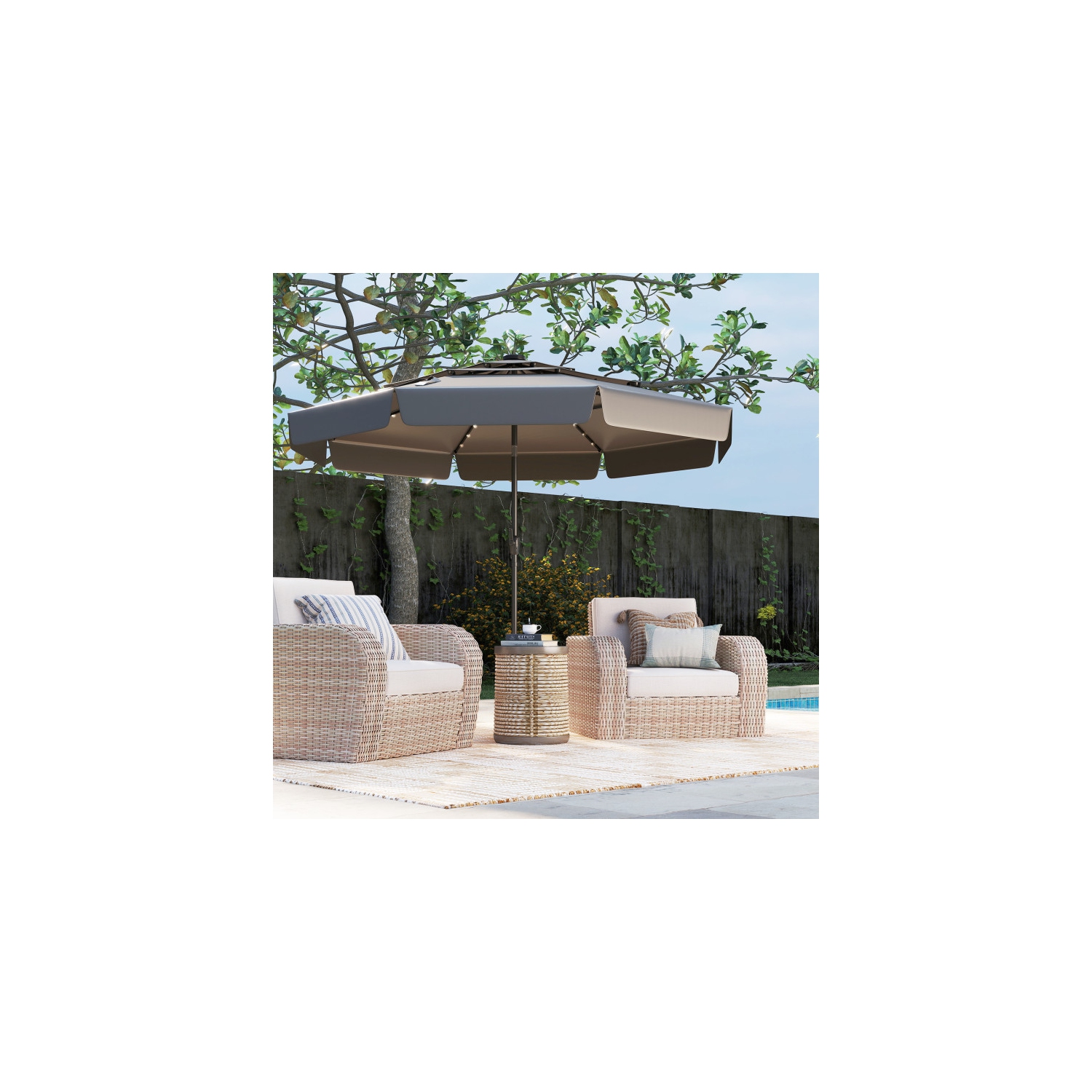 Patio Umbrella with Solar Power and 3-Tier Vent for Outdoor Shade