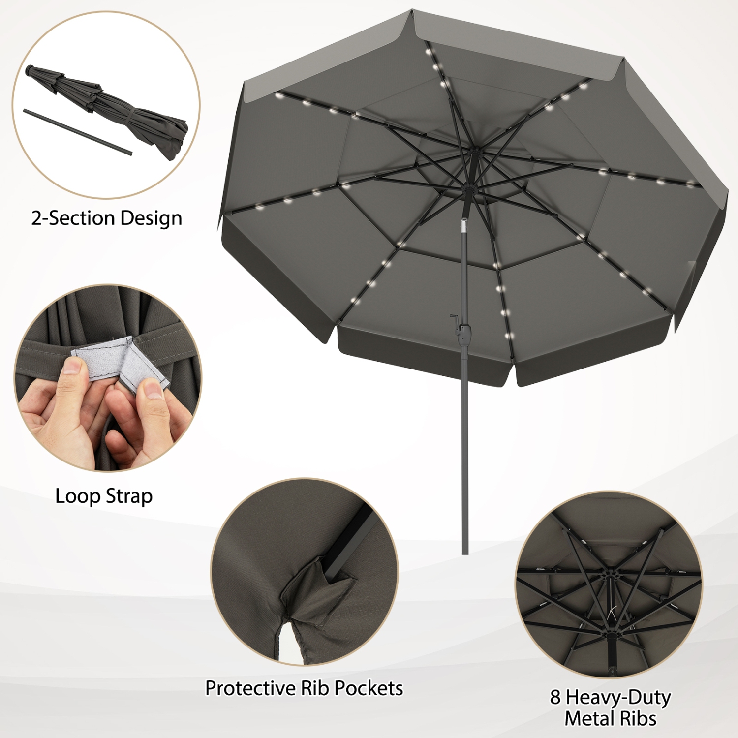 Patio Umbrella with Solar Power and 3-Tier Vent for Outdoor Shade