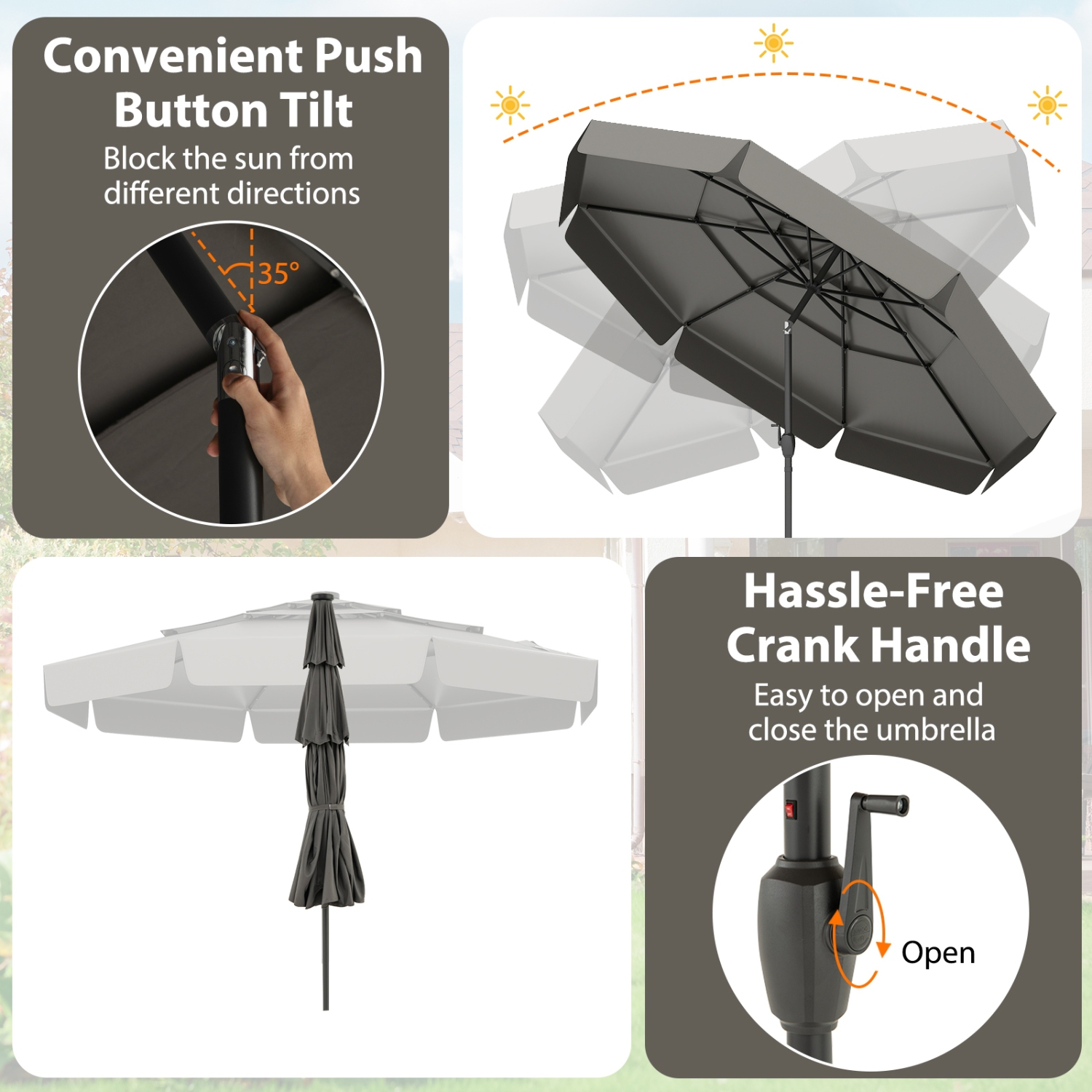 Patio Umbrella with Solar Power and 3-Tier Vent for Outdoor Shade