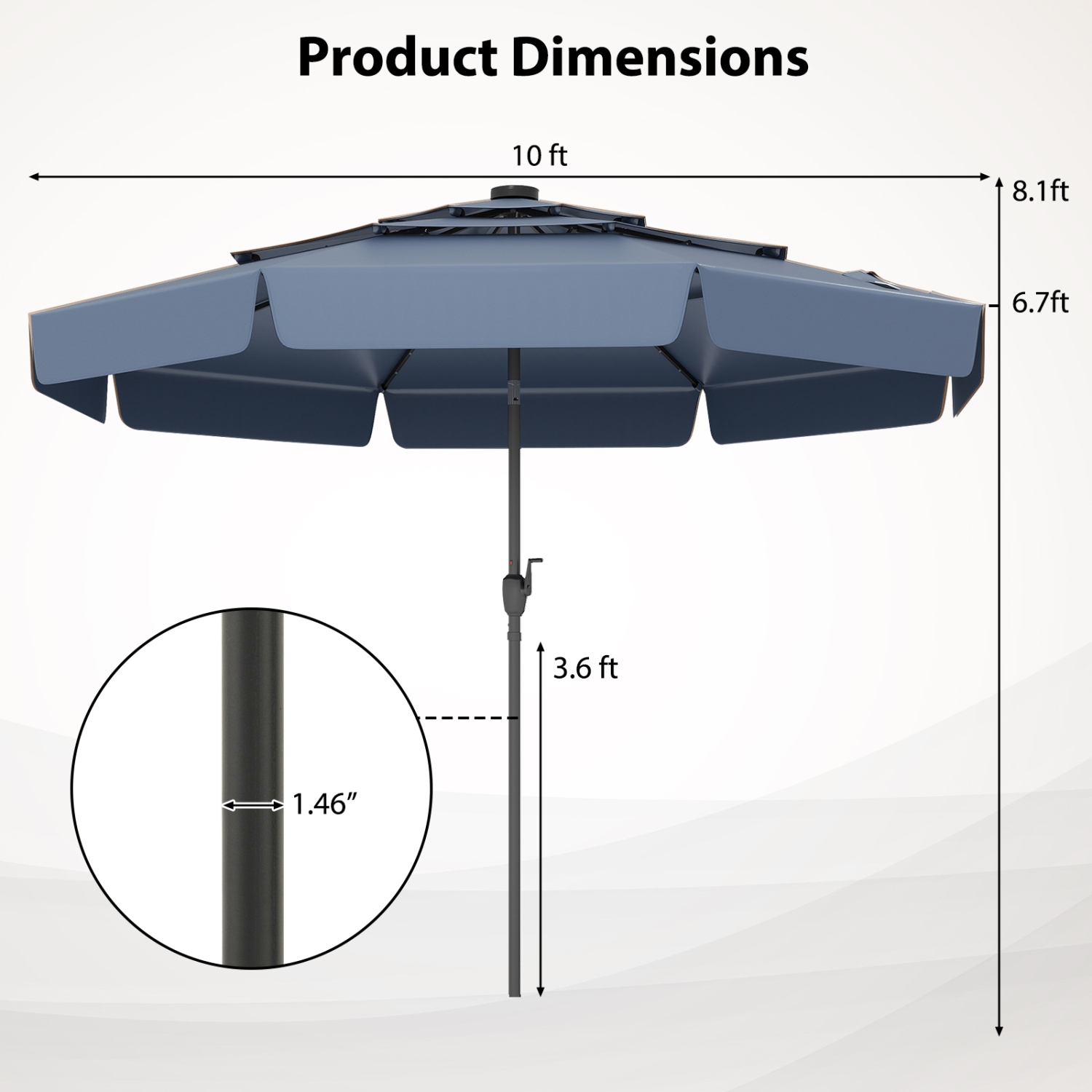Patio Umbrella with Solar Power and 3-Tier Vent for Outdoor Shade
