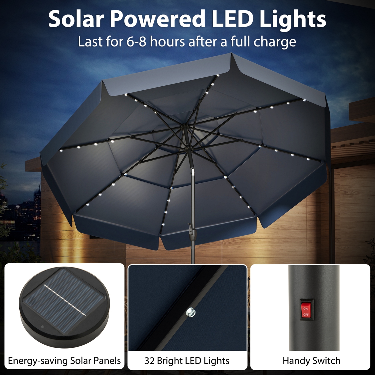 Patio Umbrella with Solar Power and 3-Tier Vent for Outdoor Shade