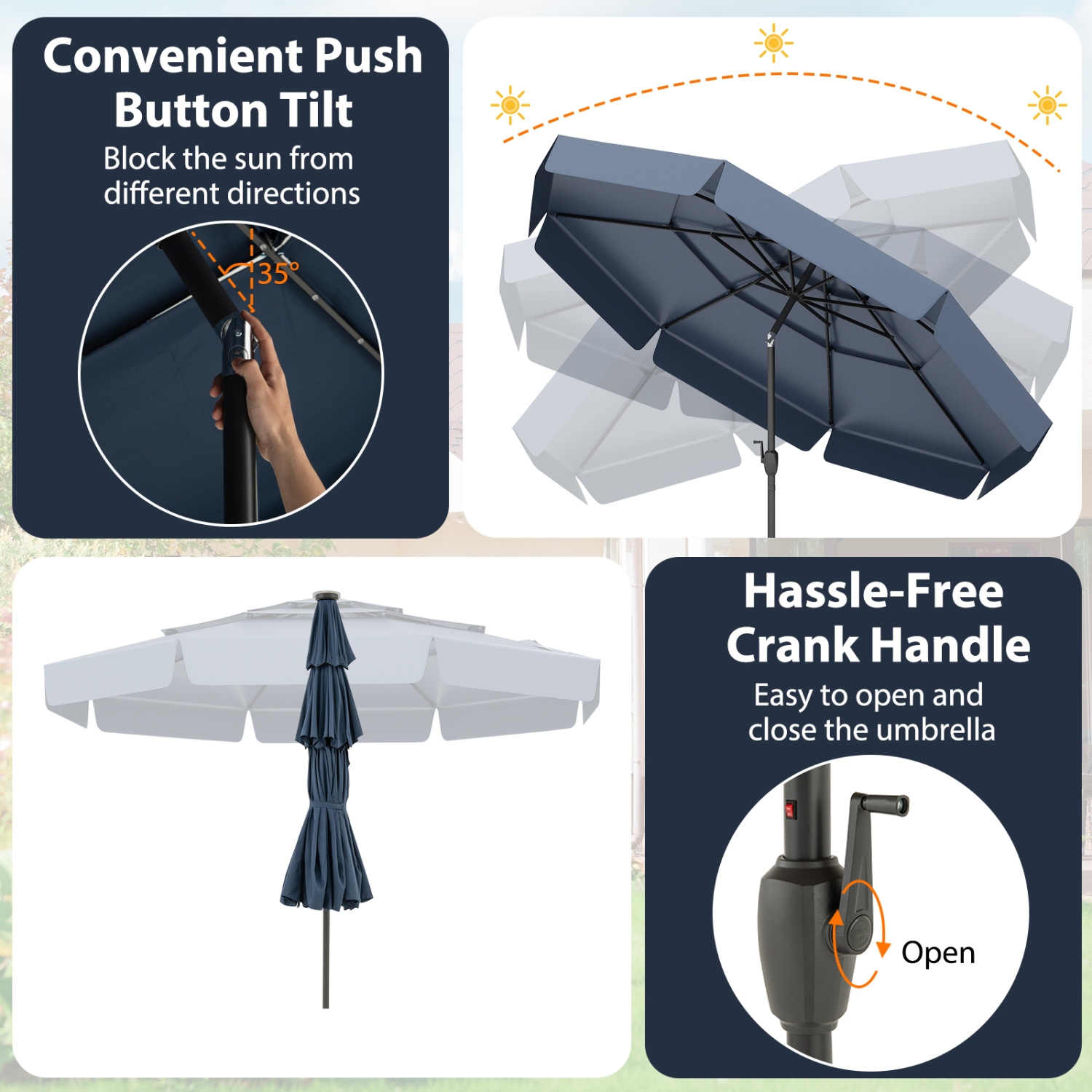 Patio Umbrella with Solar Power and 3-Tier Vent for Outdoor Shade