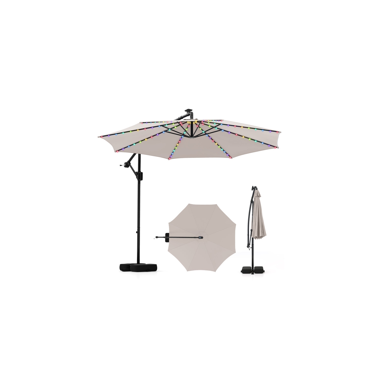 Outdoor Solar Hanging Umbrella with Base and Built-In LED Lights
