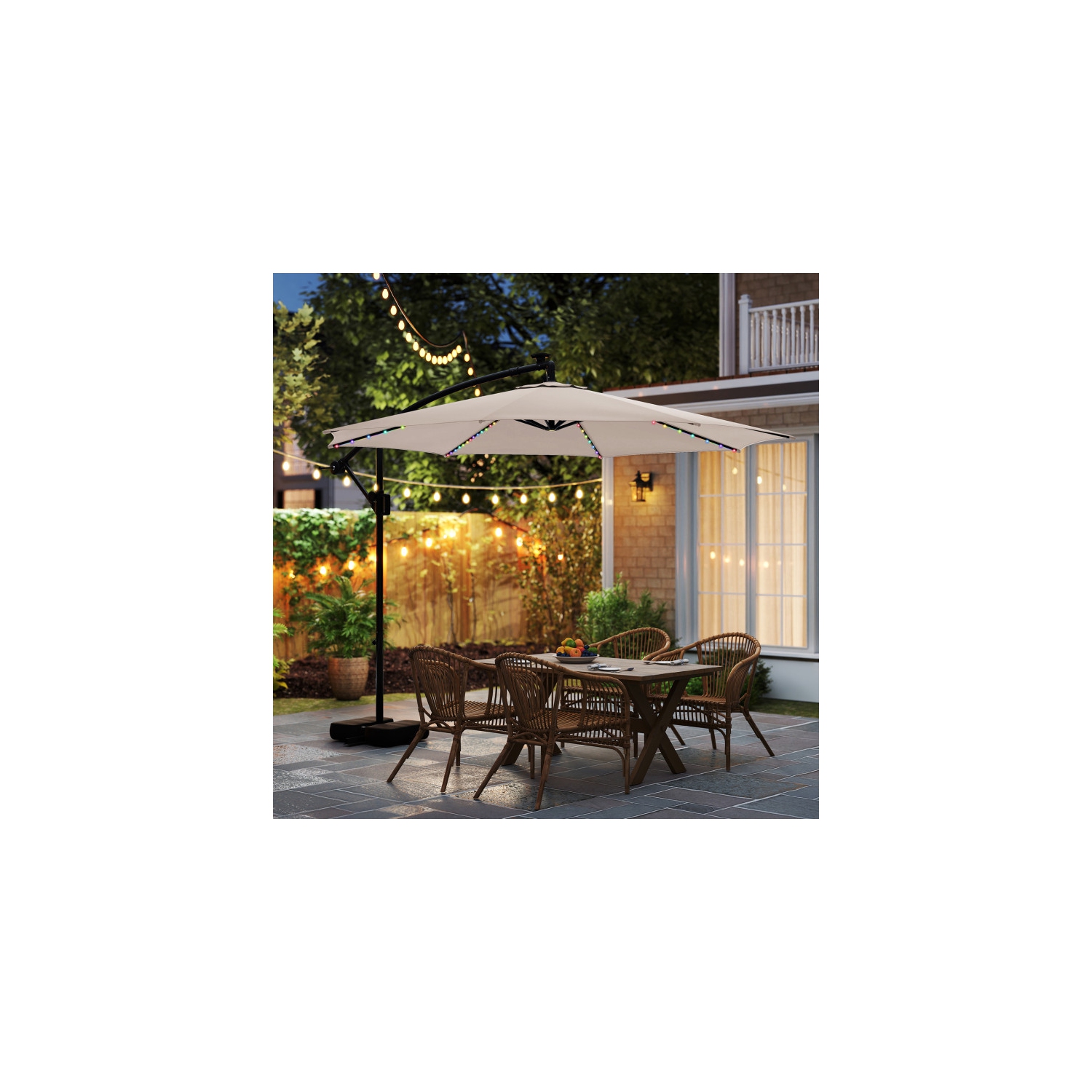 Outdoor Solar Hanging Umbrella with Base and Built-In LED Lights