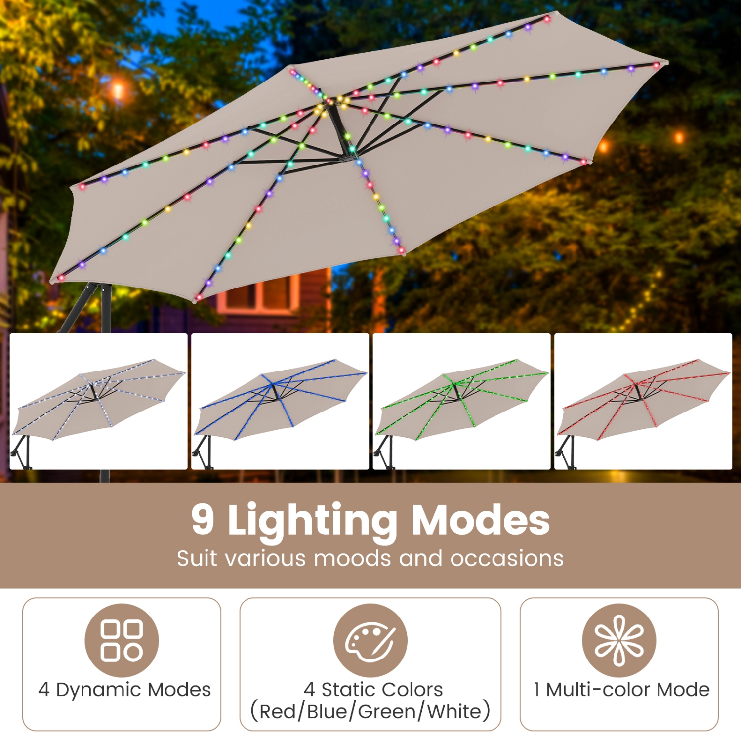 Outdoor Solar Hanging Umbrella with Base and Built-In LED Lights