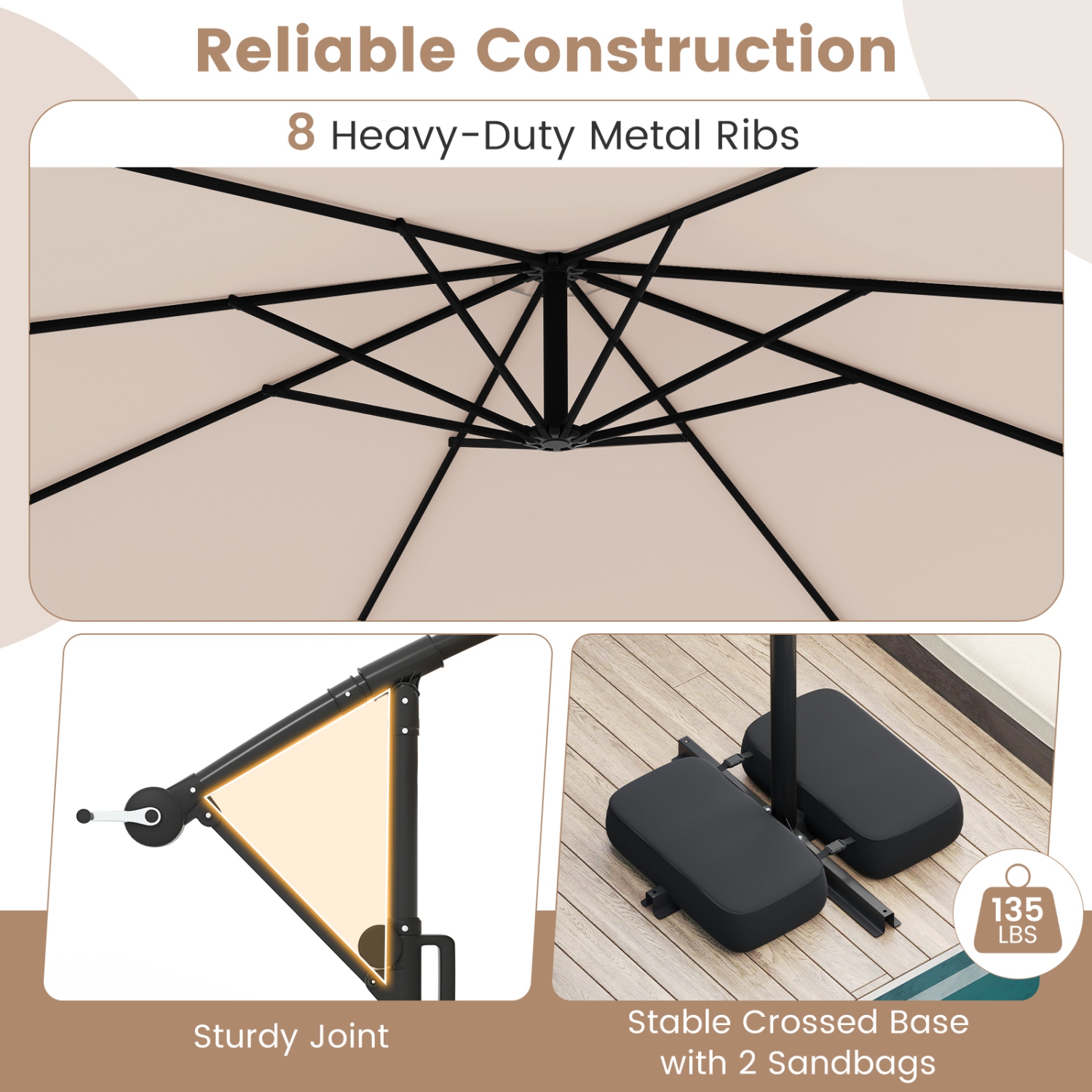 Outdoor Solar Hanging Umbrella with Base and Built-In LED Lights
