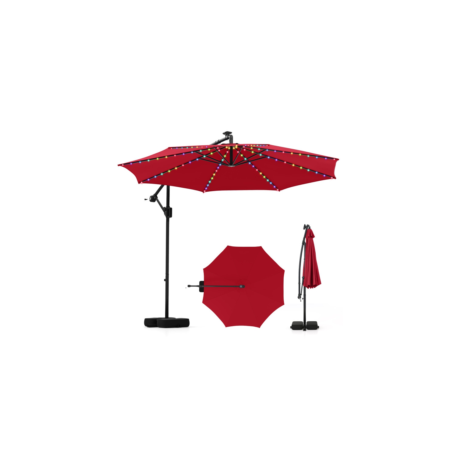 Outdoor Solar Hanging Umbrella with Base and Built-In LED Lights