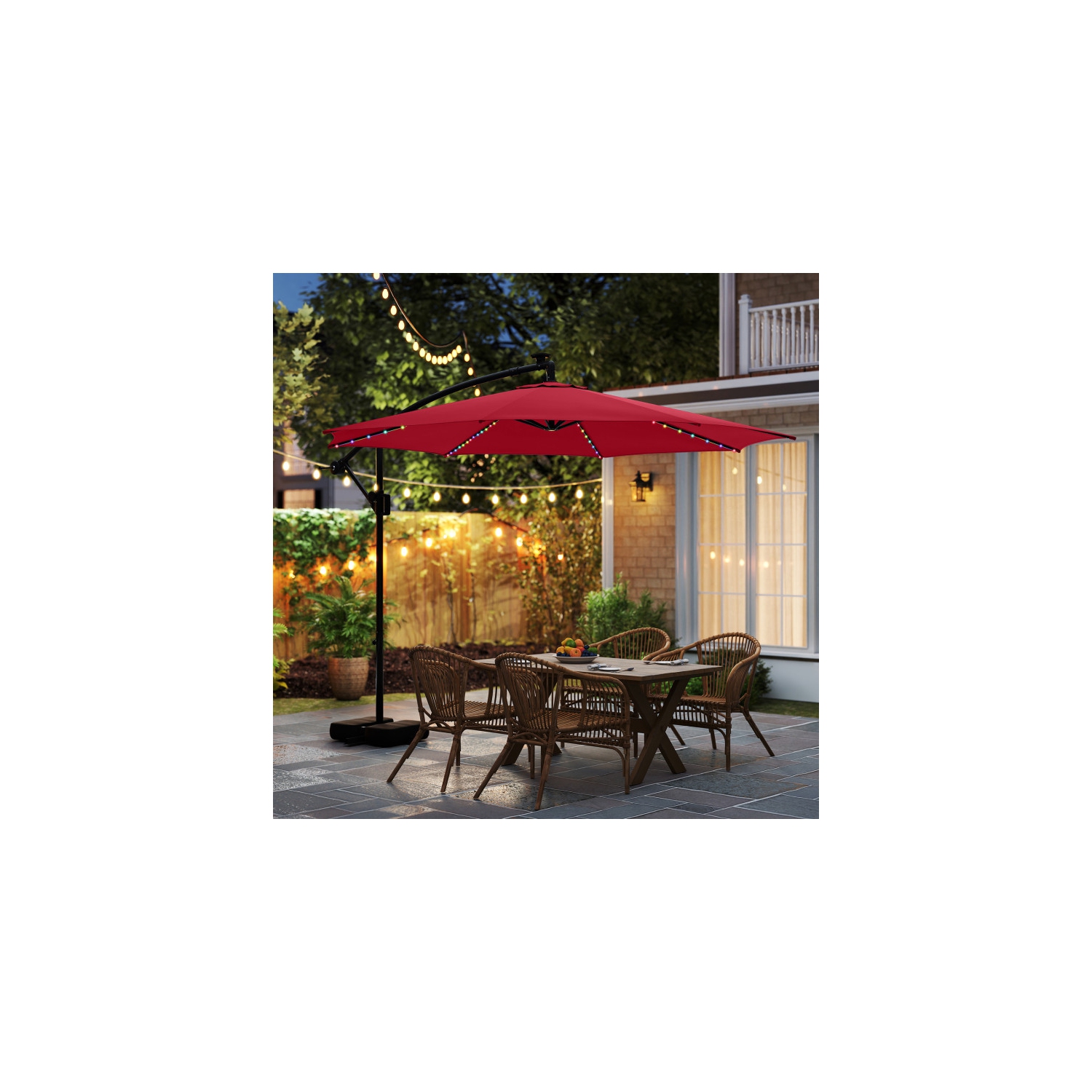 Outdoor Solar Hanging Umbrella with Base and Built-In LED Lights