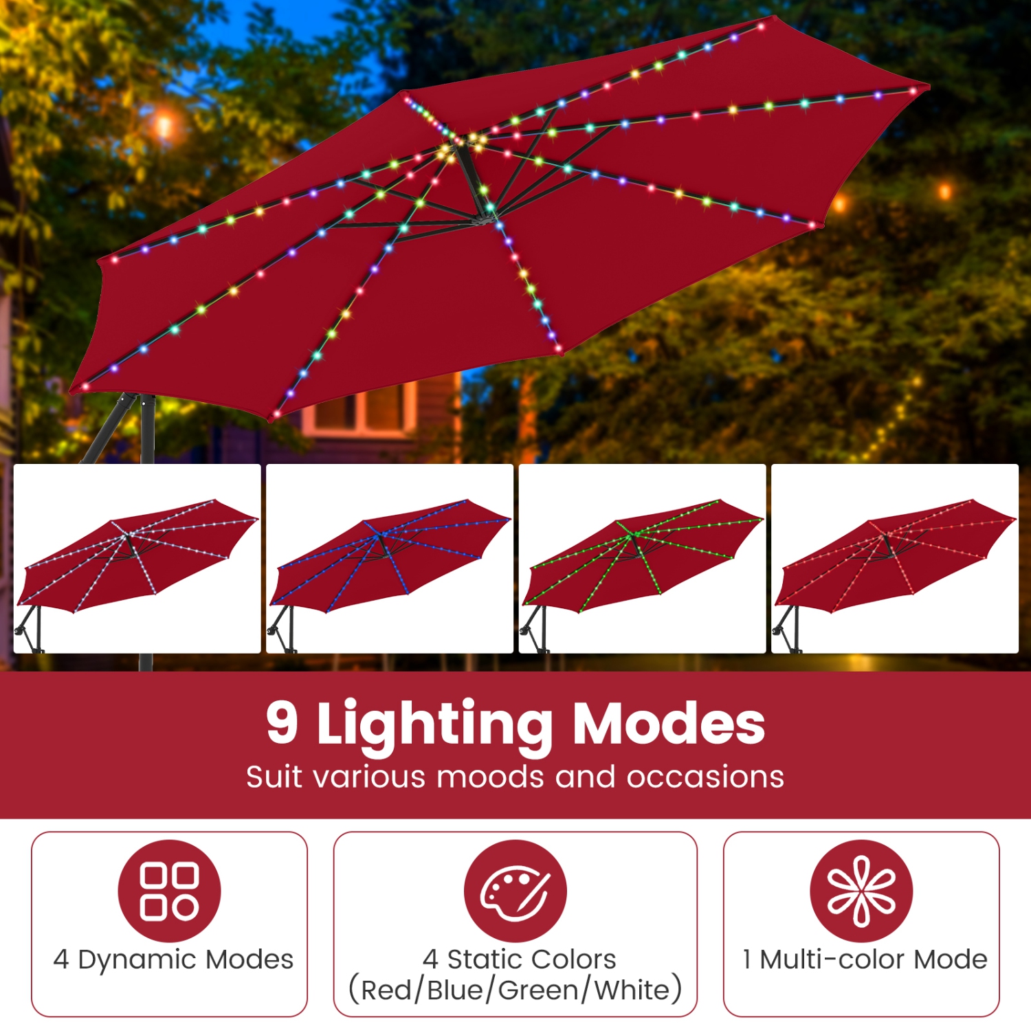 Outdoor Solar Hanging Umbrella with Base and Built-In LED Lights