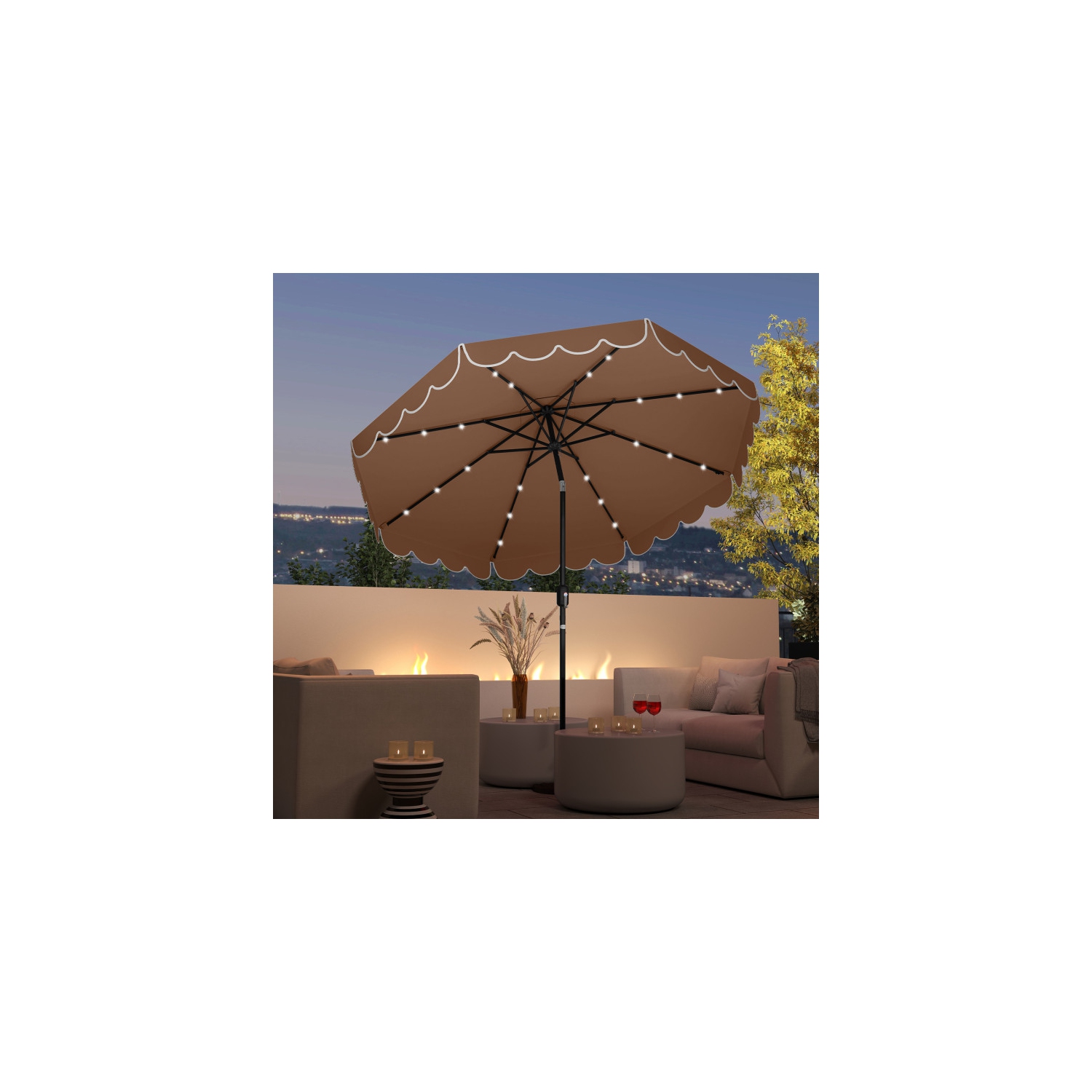 Outdoor Solar Umbrella with LED Lights, Vented Top, and Decorative Edge