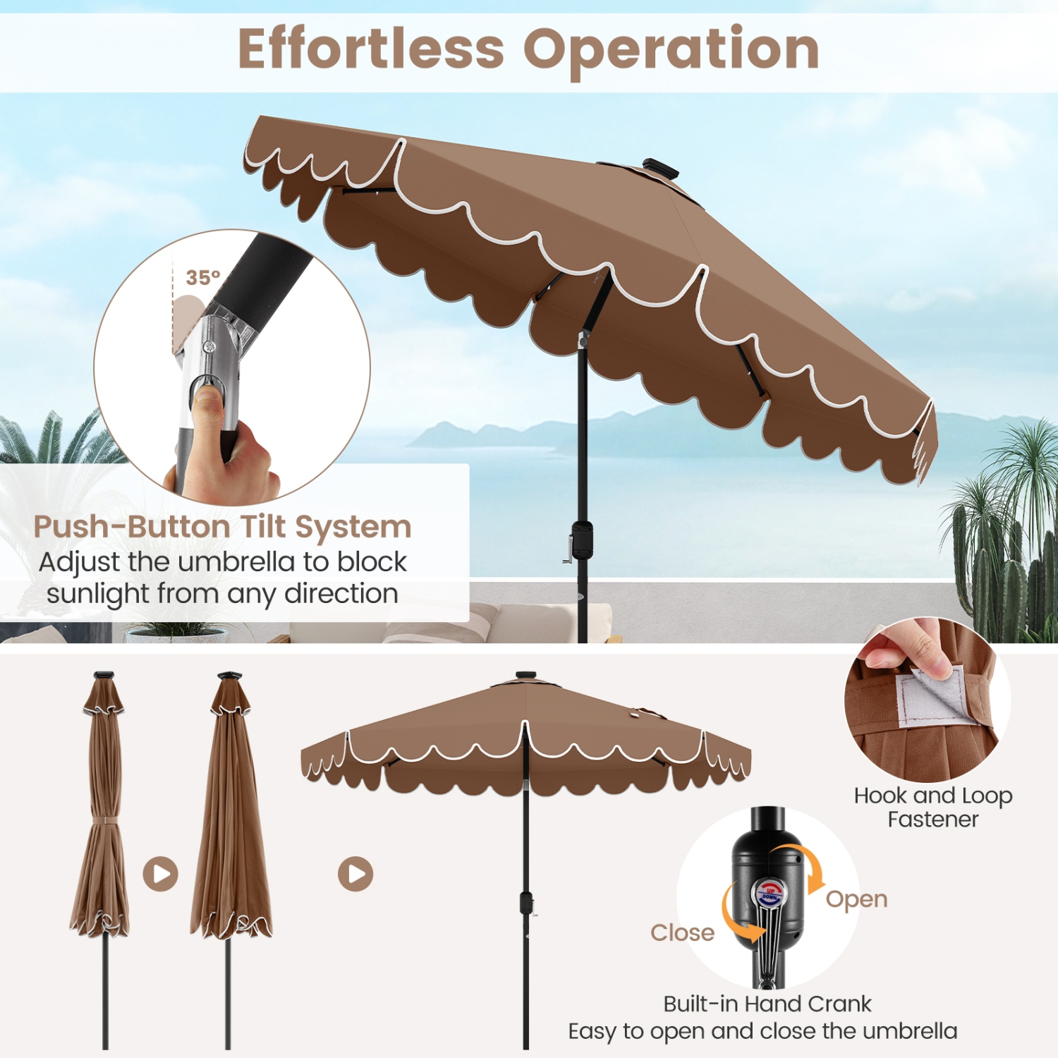 Outdoor Solar Umbrella with LED Lights, Vented Top, and Decorative Edge