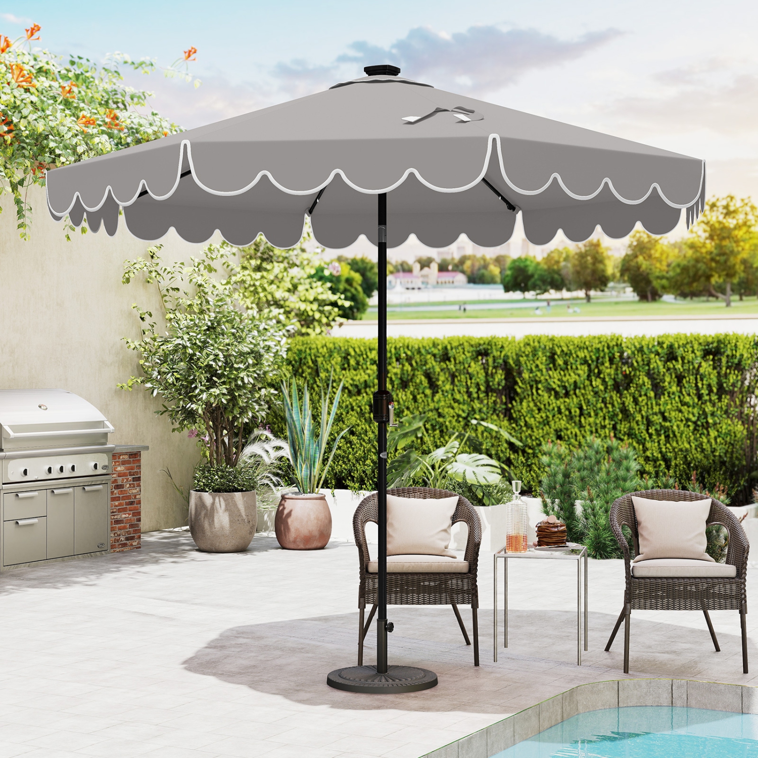 Outdoor Solar Umbrella with LED Lights, Vented Top, and Decorative Edge