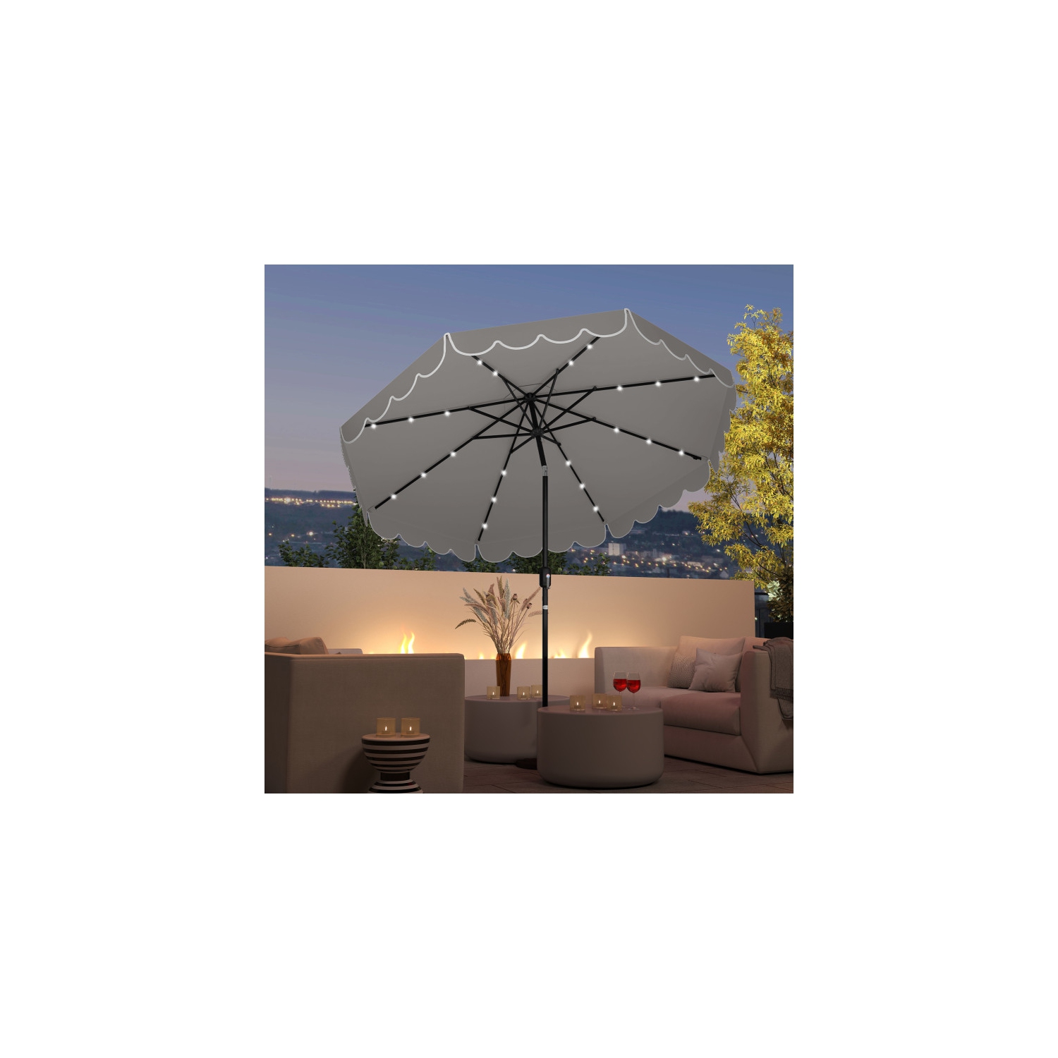 Outdoor Solar Umbrella with LED Lights, Vented Top, and Decorative Edge