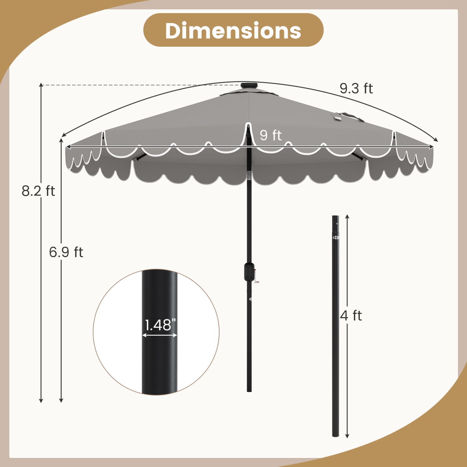 Outdoor Solar Umbrella with LED Lights, Vented Top, and Decorative Edge