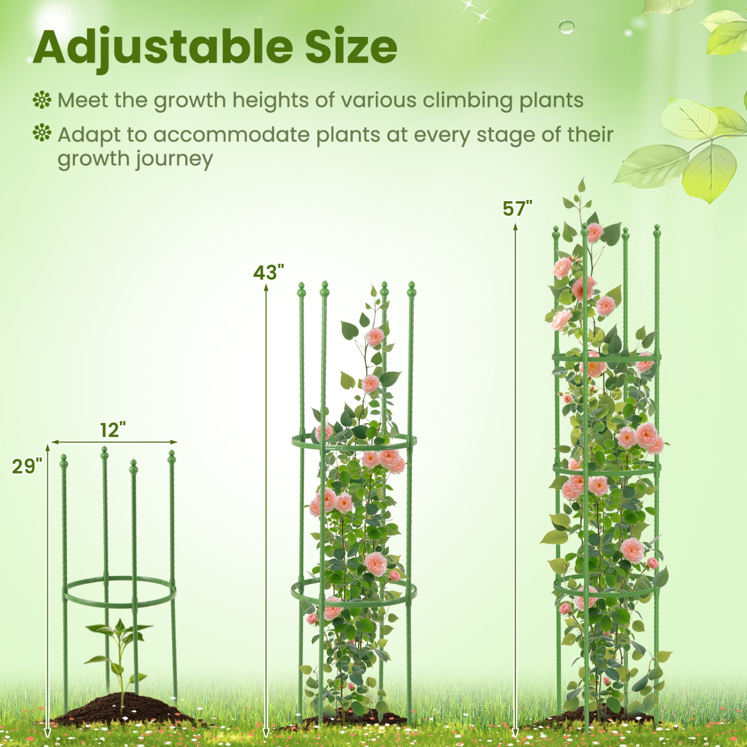 Set of 2 Tomato Cages with Adjustable Trellis Support for Plants & Flowers