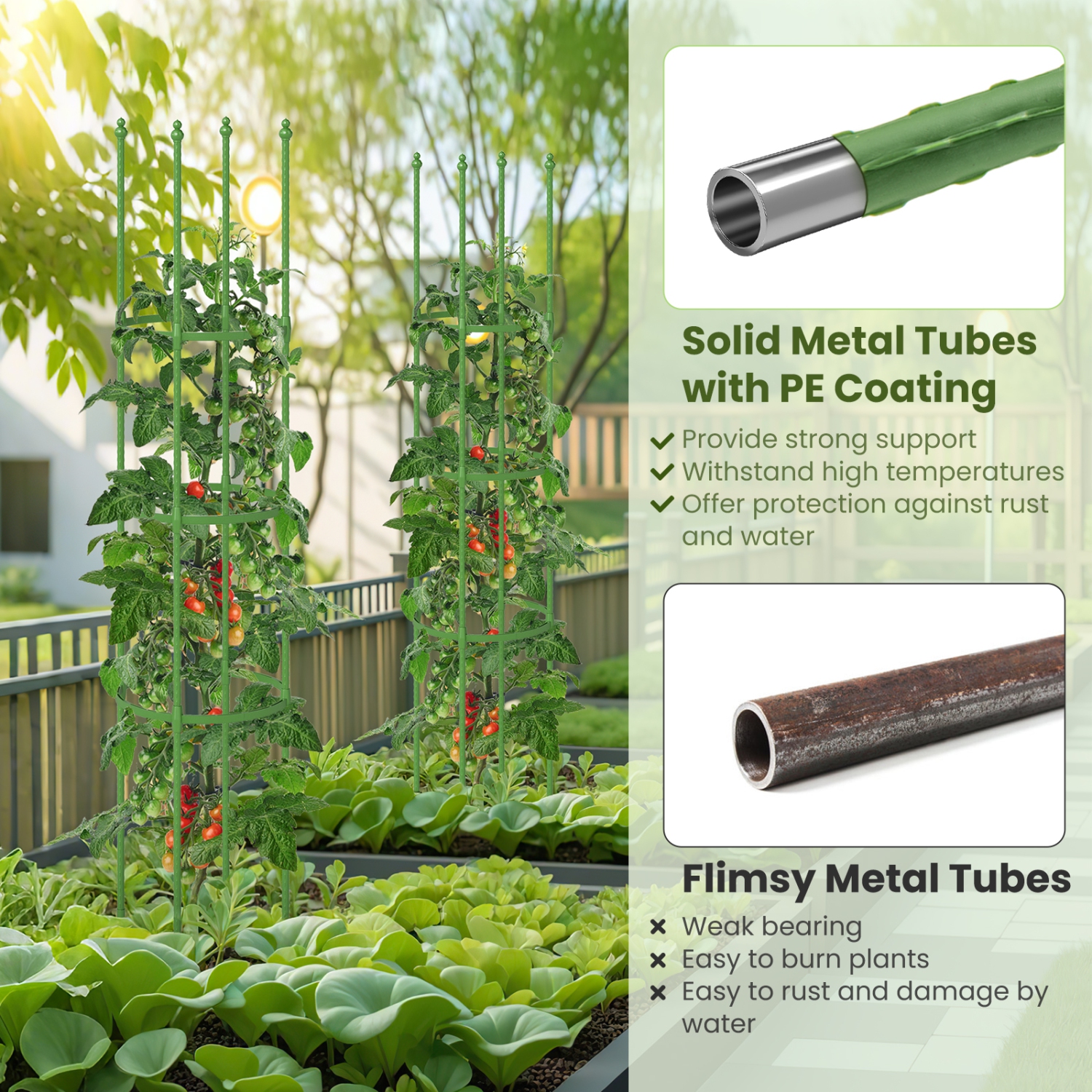 Set of 2 Tomato Cages with Adjustable Trellis Support for Plants & Flowers