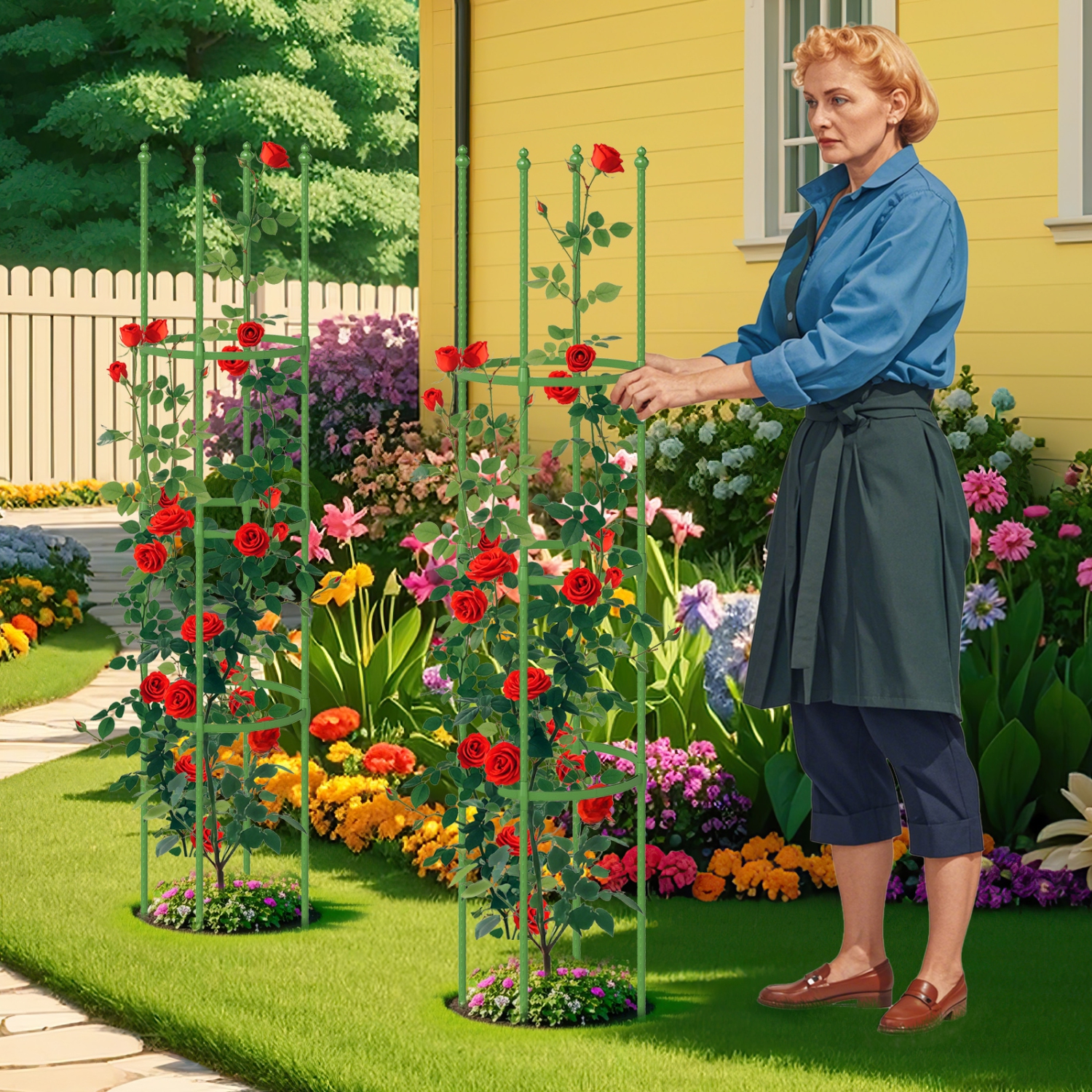 Set of 2 Tomato Cages with Adjustable Trellis Support for Plants & Flowers