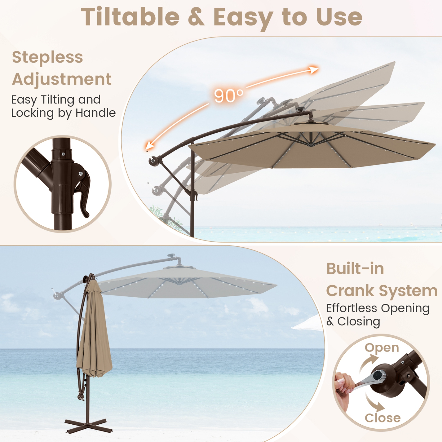 Outdoor Cantilever Umbrella with Built-in LED Lights and Solar Power