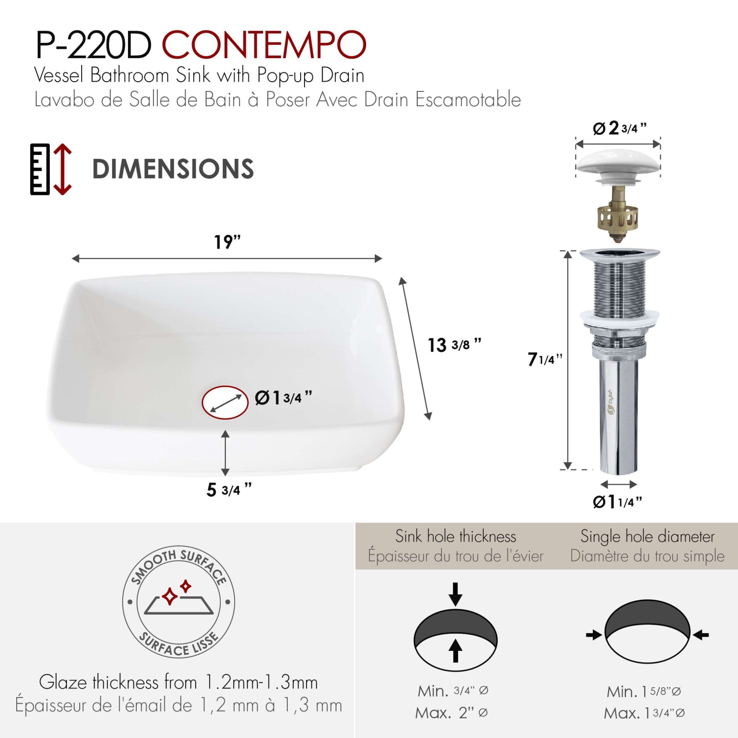 19"W x 13.38"D White Porcelain Rectangular Vessel Sink with Ceramic Pop Up Drain