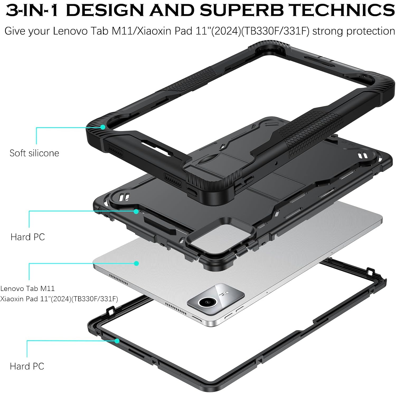 for Lenovo Tab M11 Case with Kickstand 3 in 1 Hybrid PC Rubber Heavy Duty Shockproof Full Body Protection Tablet