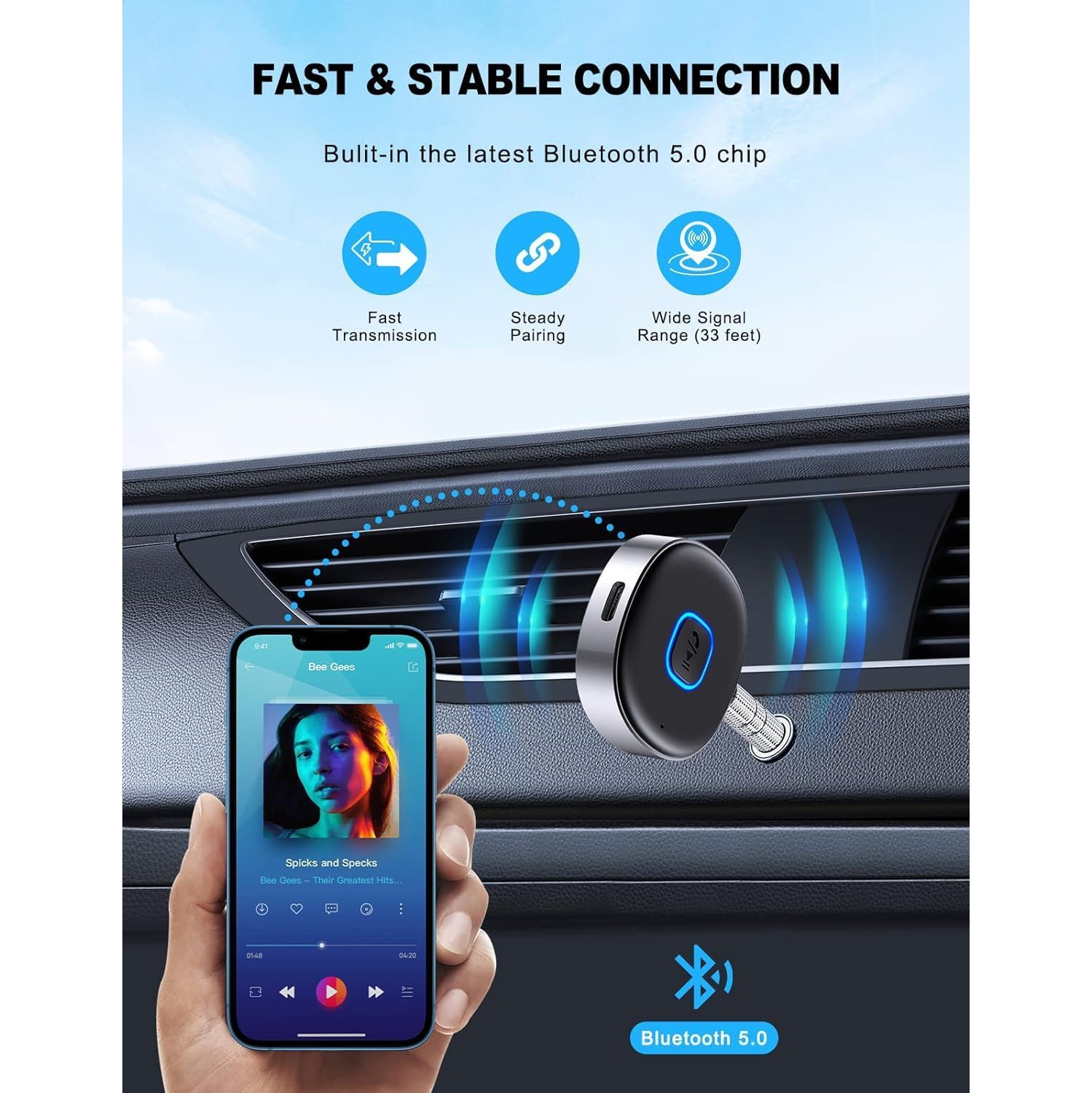 Bluetooth Adapter for Car, Noise Cancelling 3.5mm AUX Bluetooth Car Receiver, Bluetooth 5.0 Wireless Audio Receiver