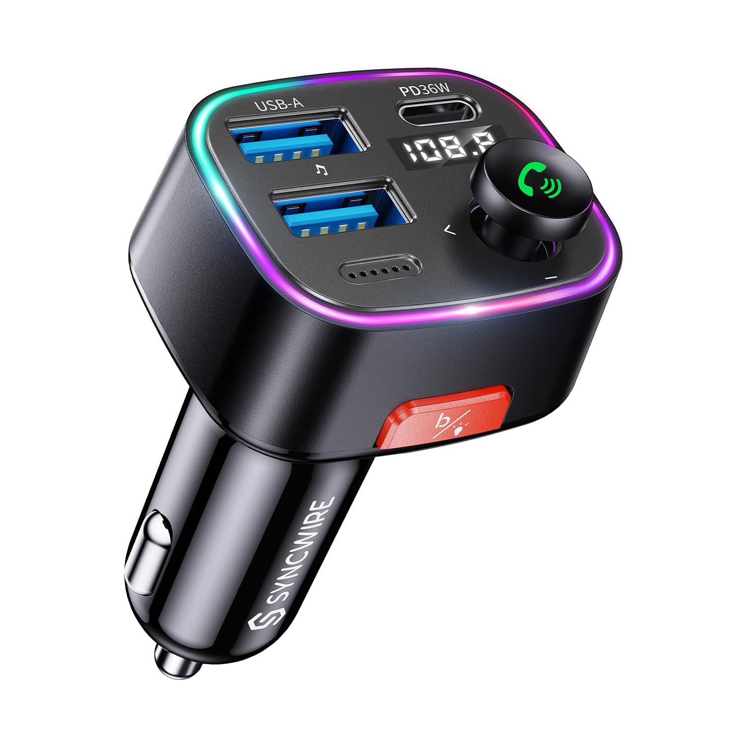Bluetooth 5.3 FM Transmitter Car Adapter 48W [Light Switch] [HiFi Bass Sound] [Fast Charging]
