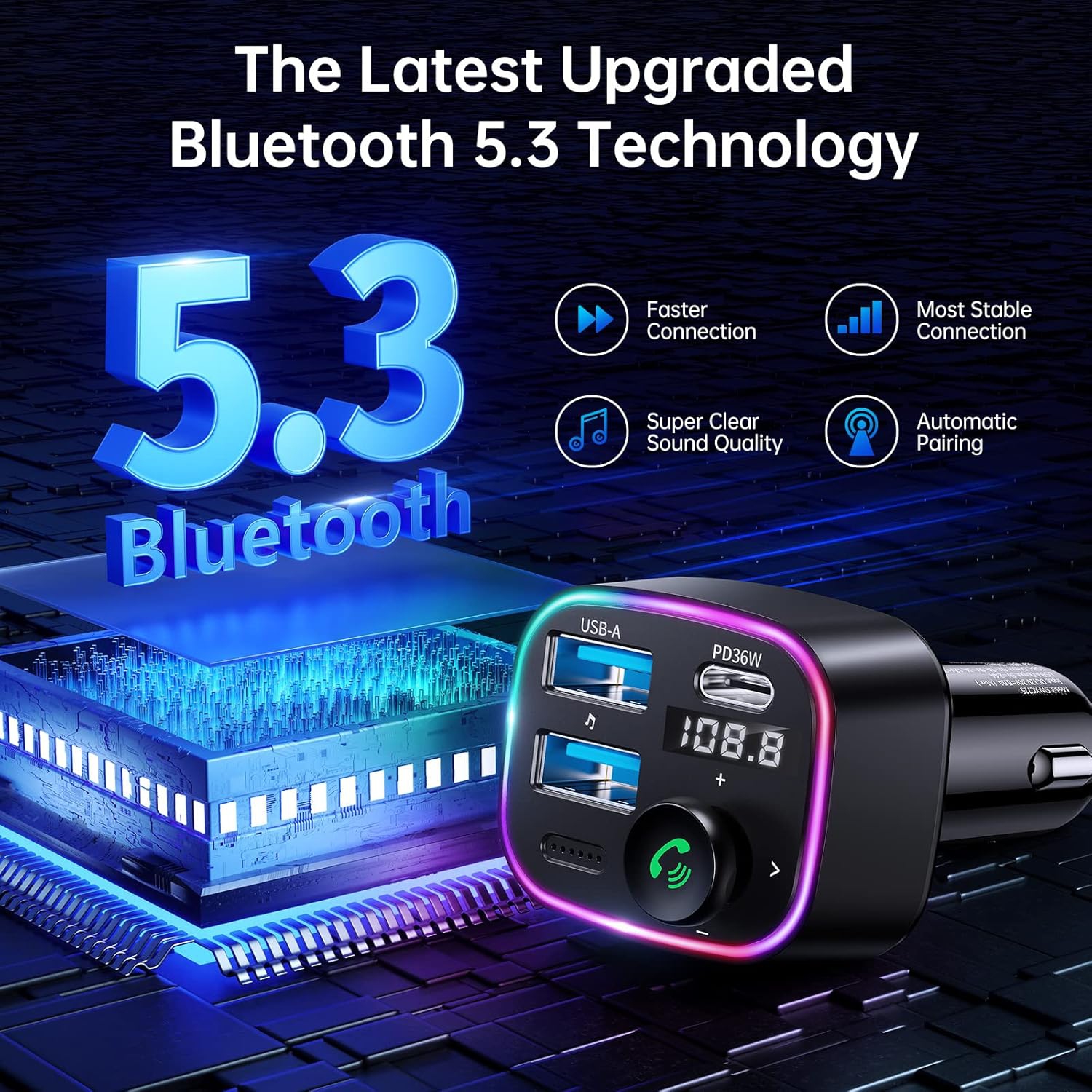 Bluetooth 5.3 FM Transmitter Car Adapter 48W [Light Switch] [HiFi Bass Sound] [Fast Charging]