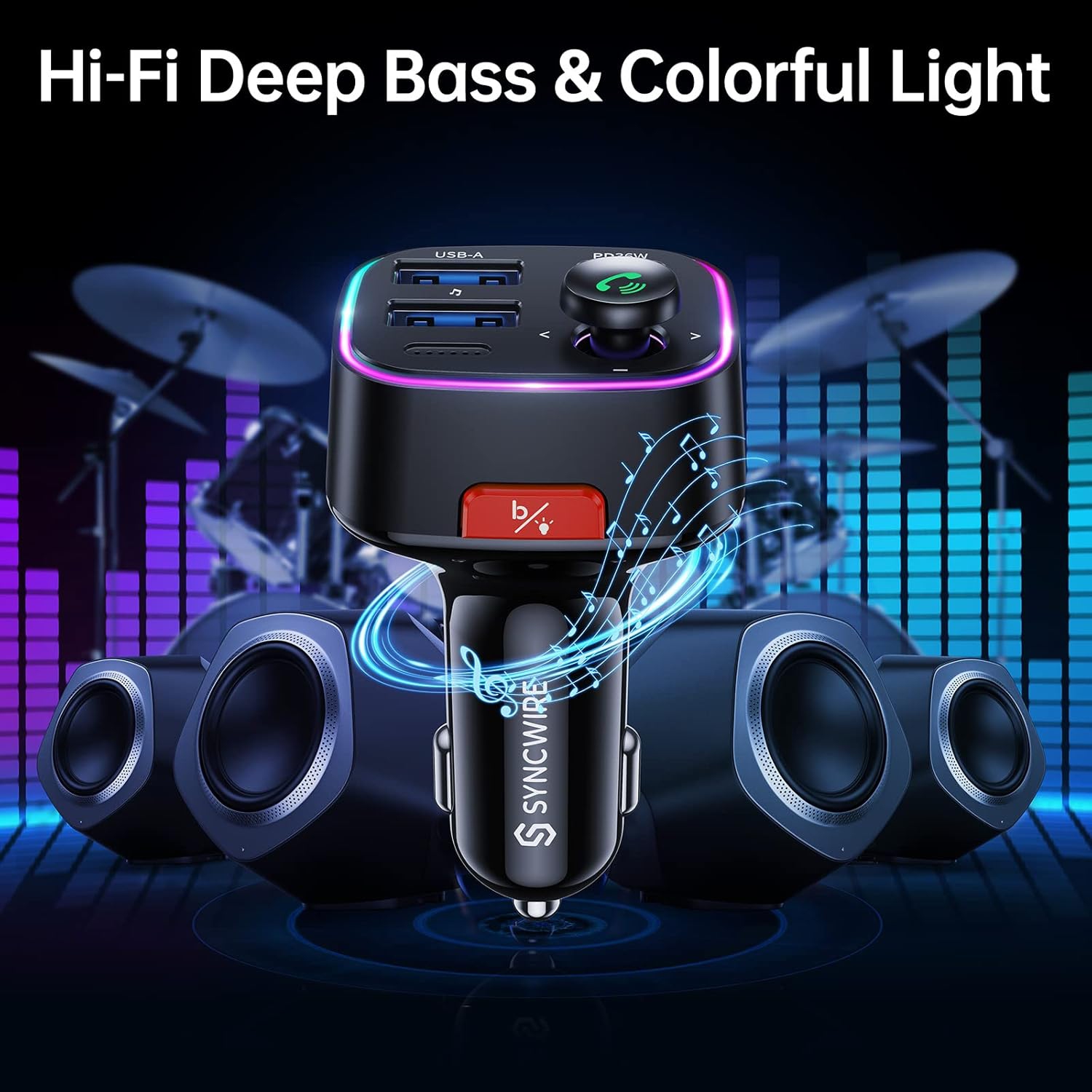 Bluetooth 5.3 FM Transmitter Car Adapter 48W [Light Switch] [HiFi Bass Sound] [Fast Charging]