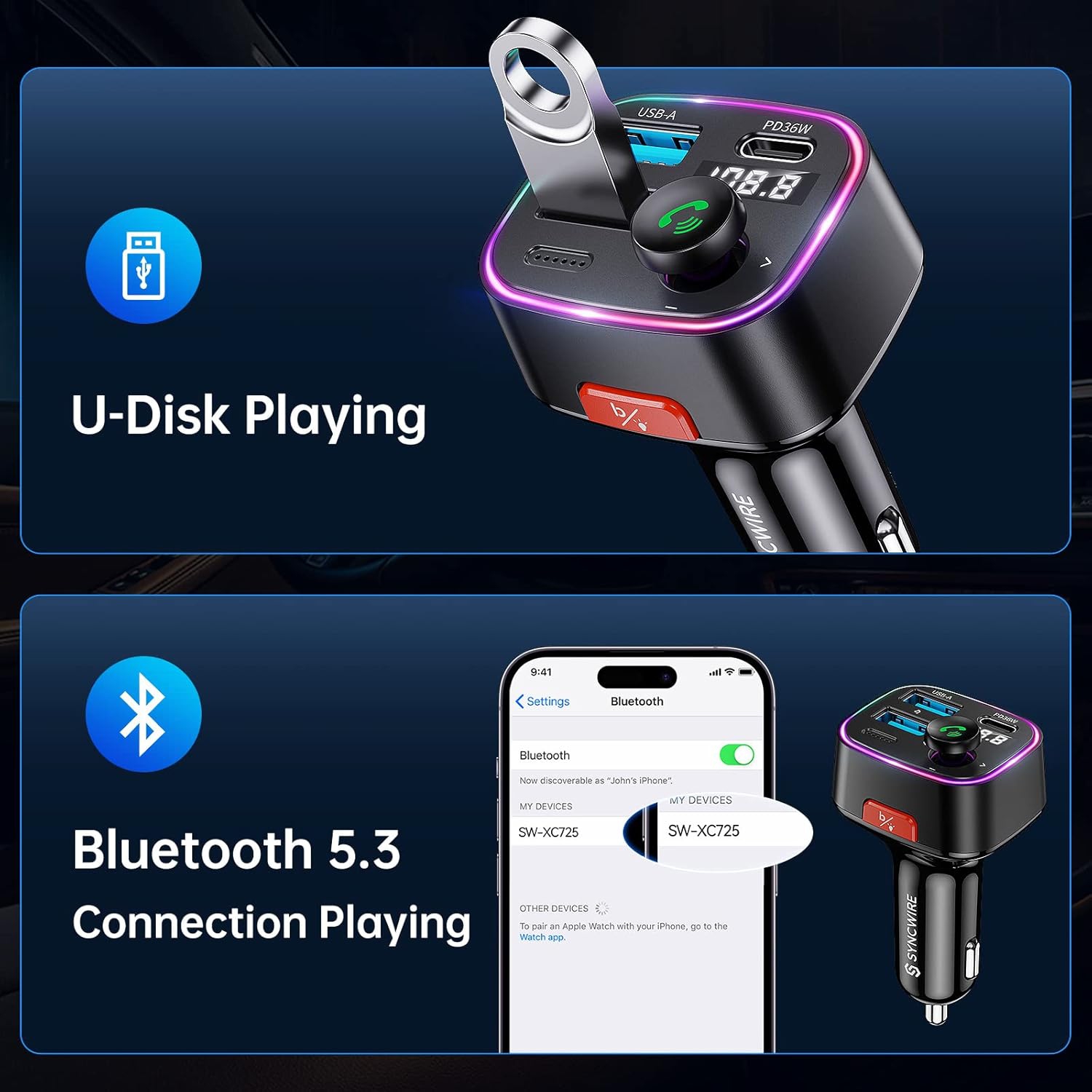 Bluetooth 5.3 FM Transmitter Car Adapter 48W [Light Switch] [HiFi Bass Sound] [Fast Charging]
