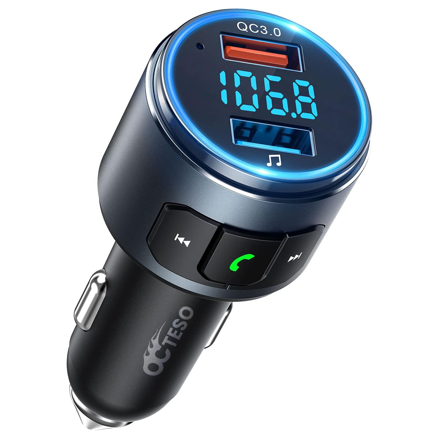 Émetteur FM Bluetooth V5.3 amélioré pour voiture, QC3.0 & LED Adaptateur radio FM sans fil Bluetooth rétroéclairé Musique