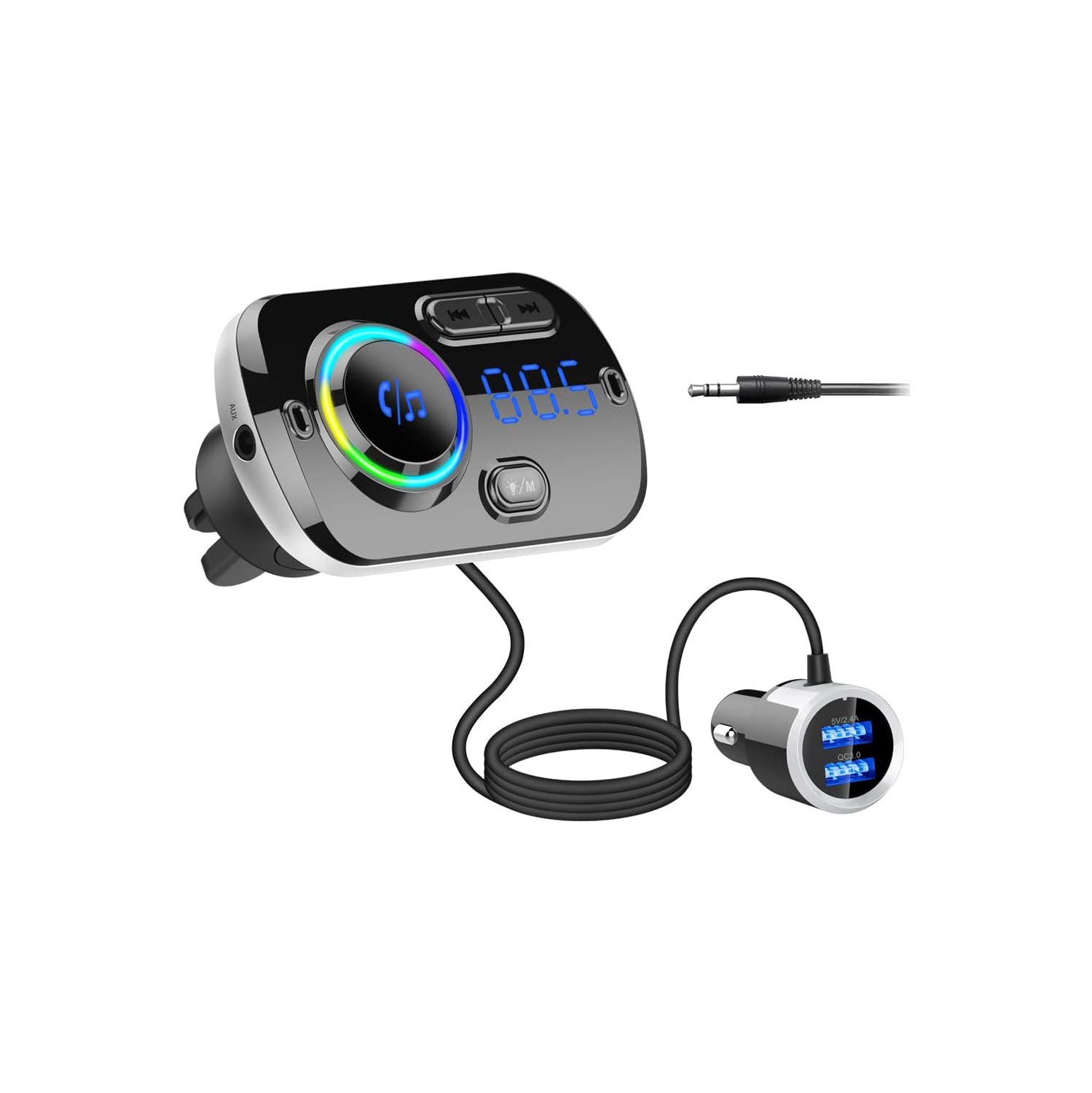 Émetteur FM Bluetooth pour l'auto, récepteur adaptateur radio pour l'auto Bluetooth 5,0 avec lumière à 7 couleurs, QC3.0/2.4&nbsp;A USB Car