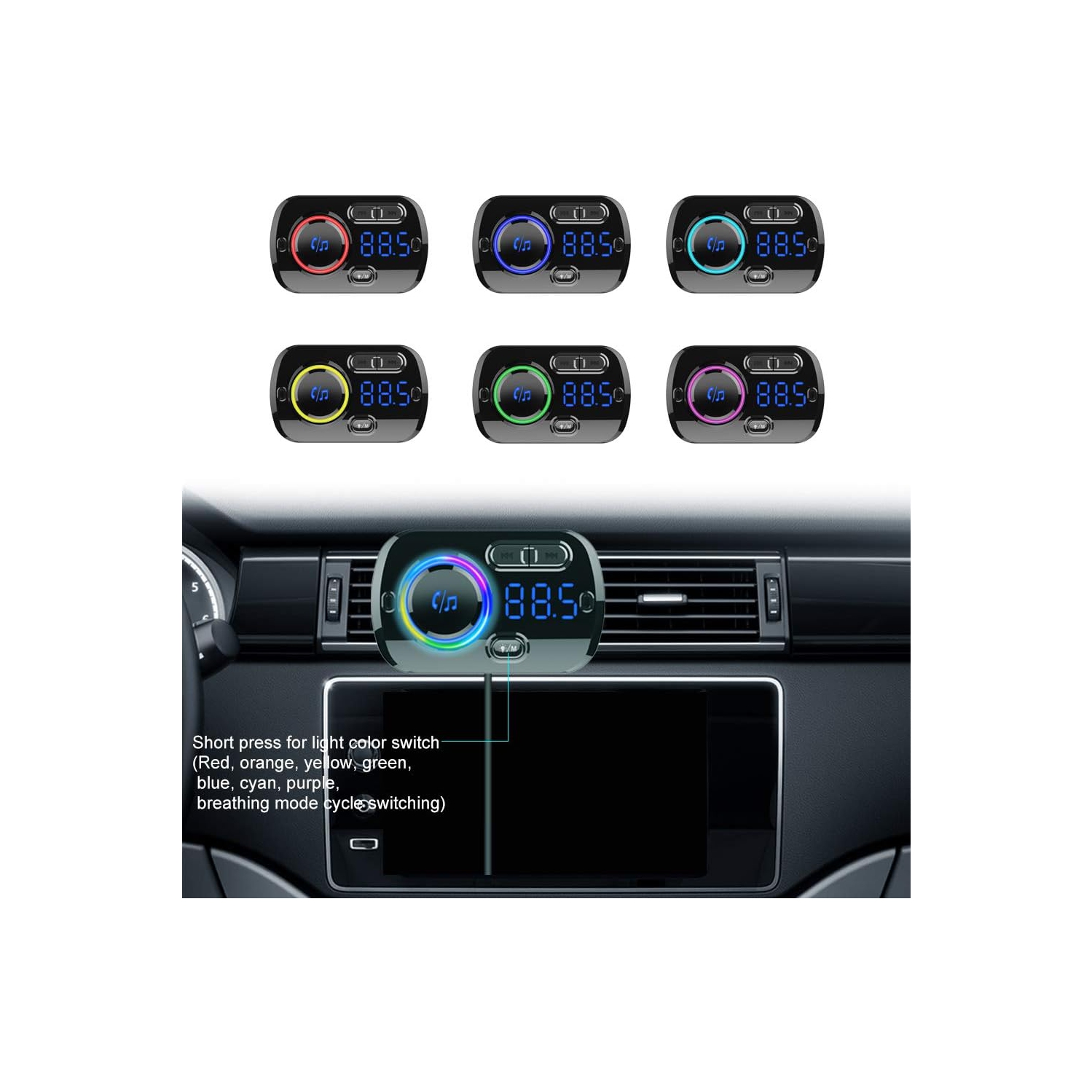 Émetteur FM Bluetooth pour l'auto, récepteur adaptateur radio pour l'auto Bluetooth 5,0 avec lumière à 7 couleurs, QC3.0/2.4 A USB Car