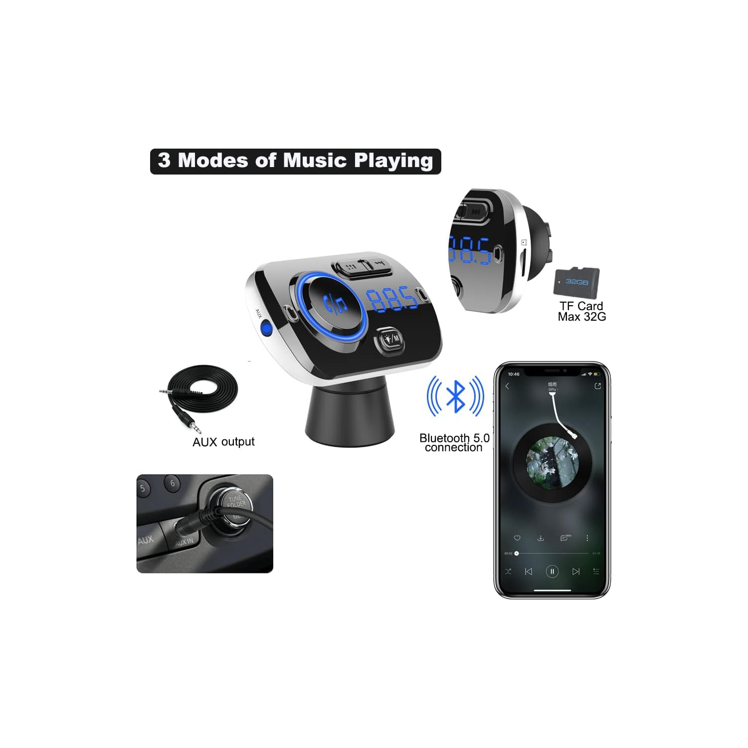 Émetteur FM Bluetooth pour l'auto, récepteur adaptateur radio pour l'auto Bluetooth 5,0 avec lumière à 7 couleurs, QC3.0/2.4 A USB Car