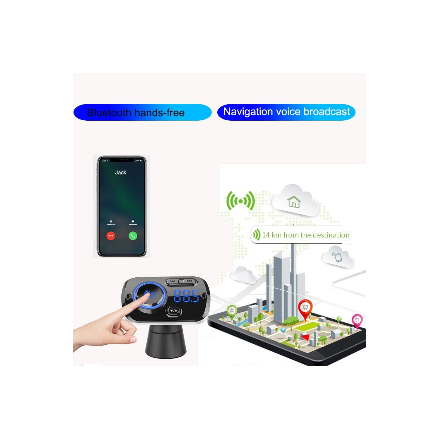 Émetteur FM Bluetooth pour l'auto, récepteur adaptateur radio pour l'auto Bluetooth 5,0 avec lumière à 7 couleurs, QC3.0/2.4 A USB Car