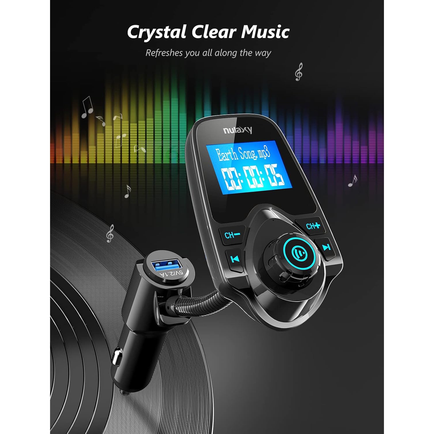 Émetteur FM Bluetooth sans fil pour l'auto Adaptateur radio pour l'auto avec écran de 1,44 po Prend en charge les cartes TF/SD et USB