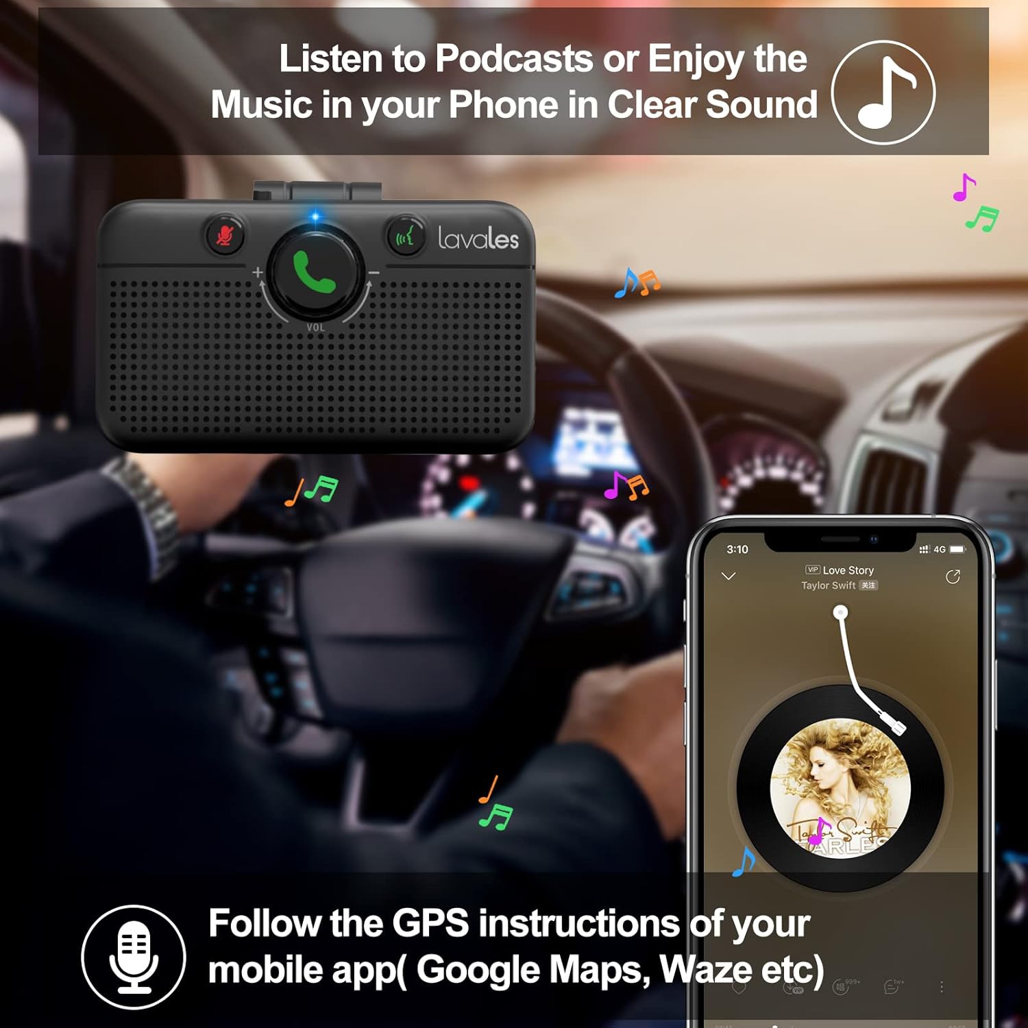 Haut-parleur Bluetooth 5,3 pour l'auto, kit mains libres Bluetooth pour l'auto pour téléphone cellulaire, prise en charge de Siri Google Voice