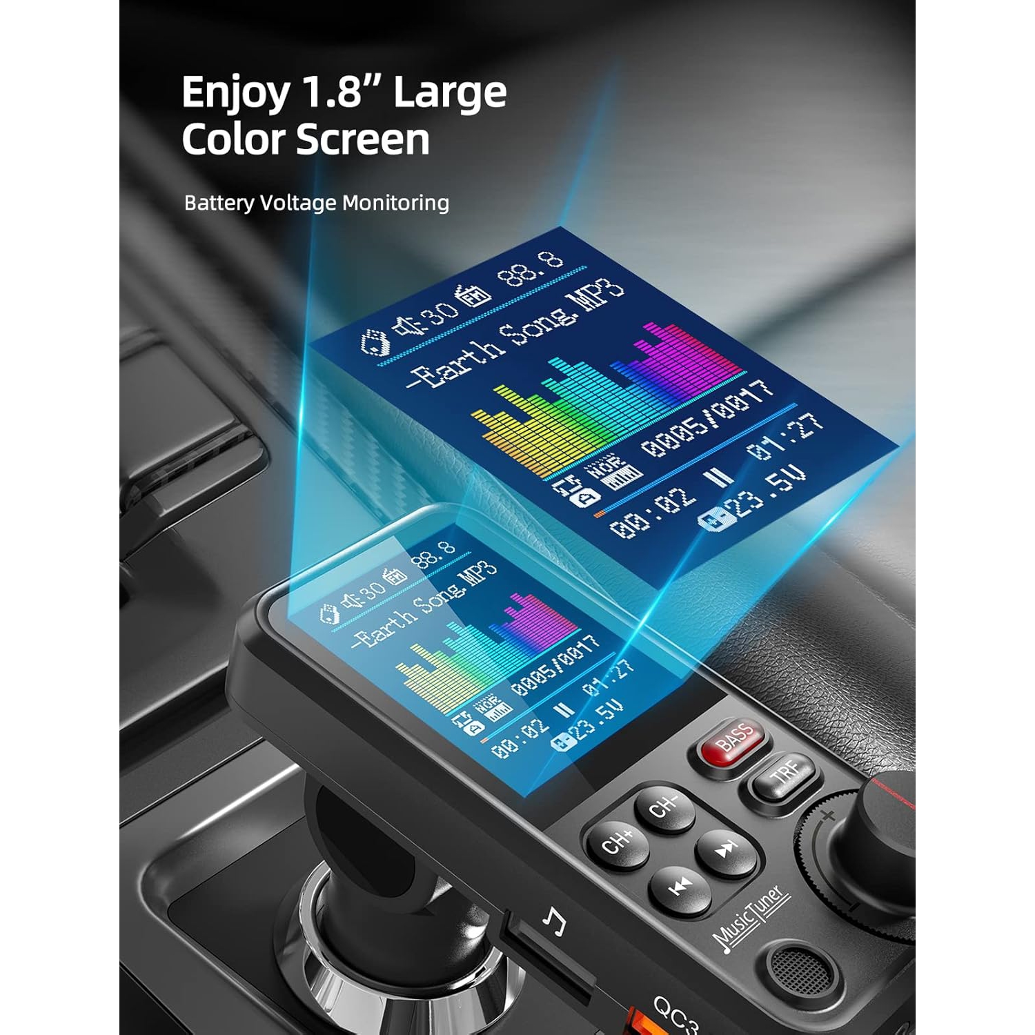 Car Bluetooth Transmitter, Strong Microphone Bluetooth Car Radio Adapter with 1.8" Color Screen for Hands Free